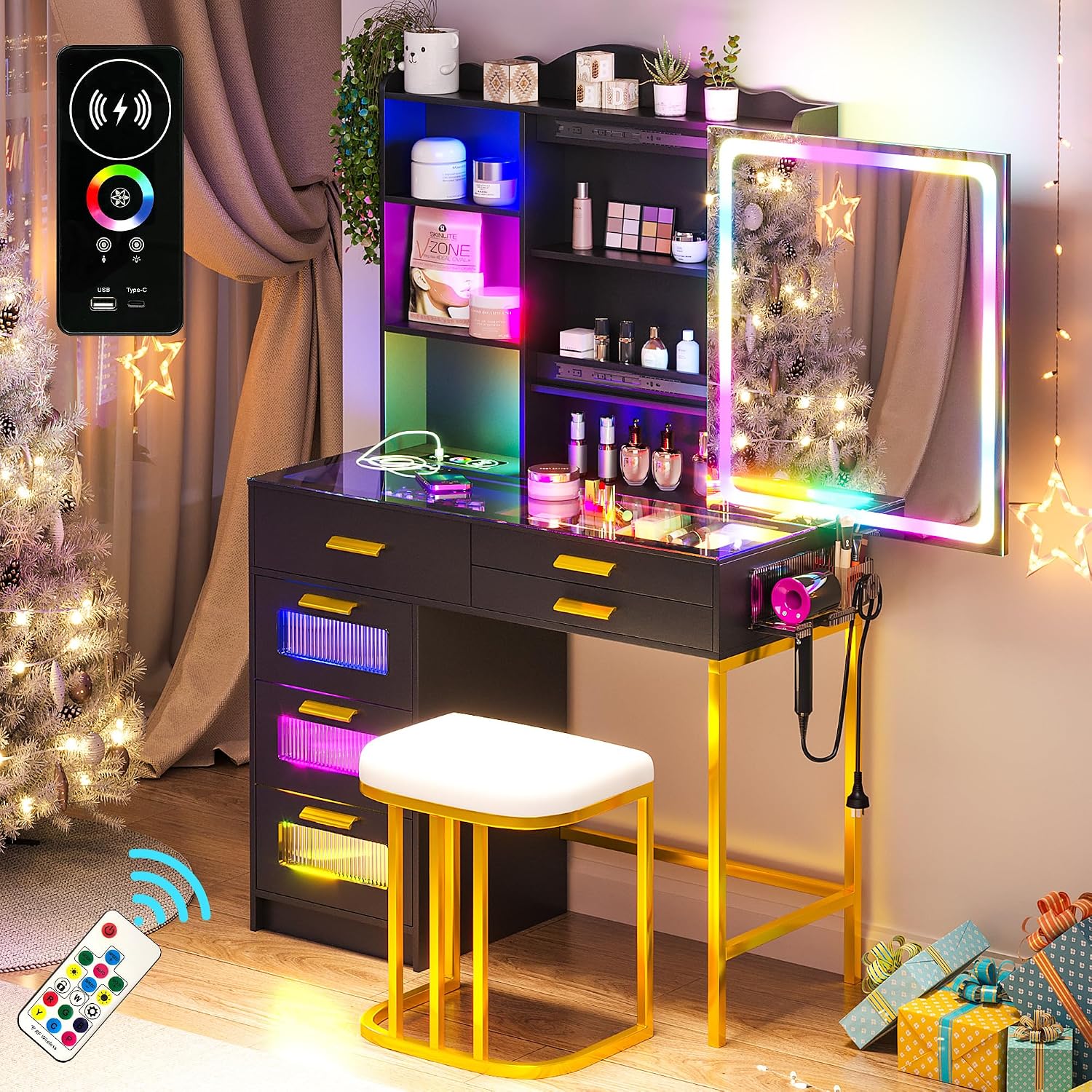 WOOVIVS Vanity with LED Mirror, Makeup Desk with Charging Station for Bedroom, Vanities with RGB Lights, Glass Top Vanity Set with Stool,6 Drawers Dressing Table for Girls-Black