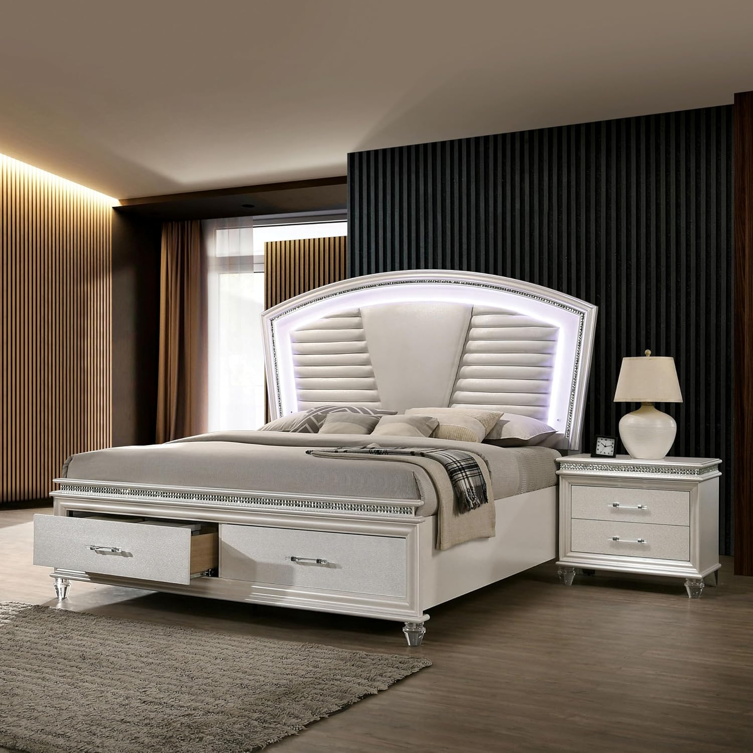 HOMES: Inside + Out Bevill Wood 2-Piece Bedroom Set, King Size Platform Bed with LED Light, Upholstered Headboard and 2-Drawer Nightstand, No Box Spring Required, Pearl White
