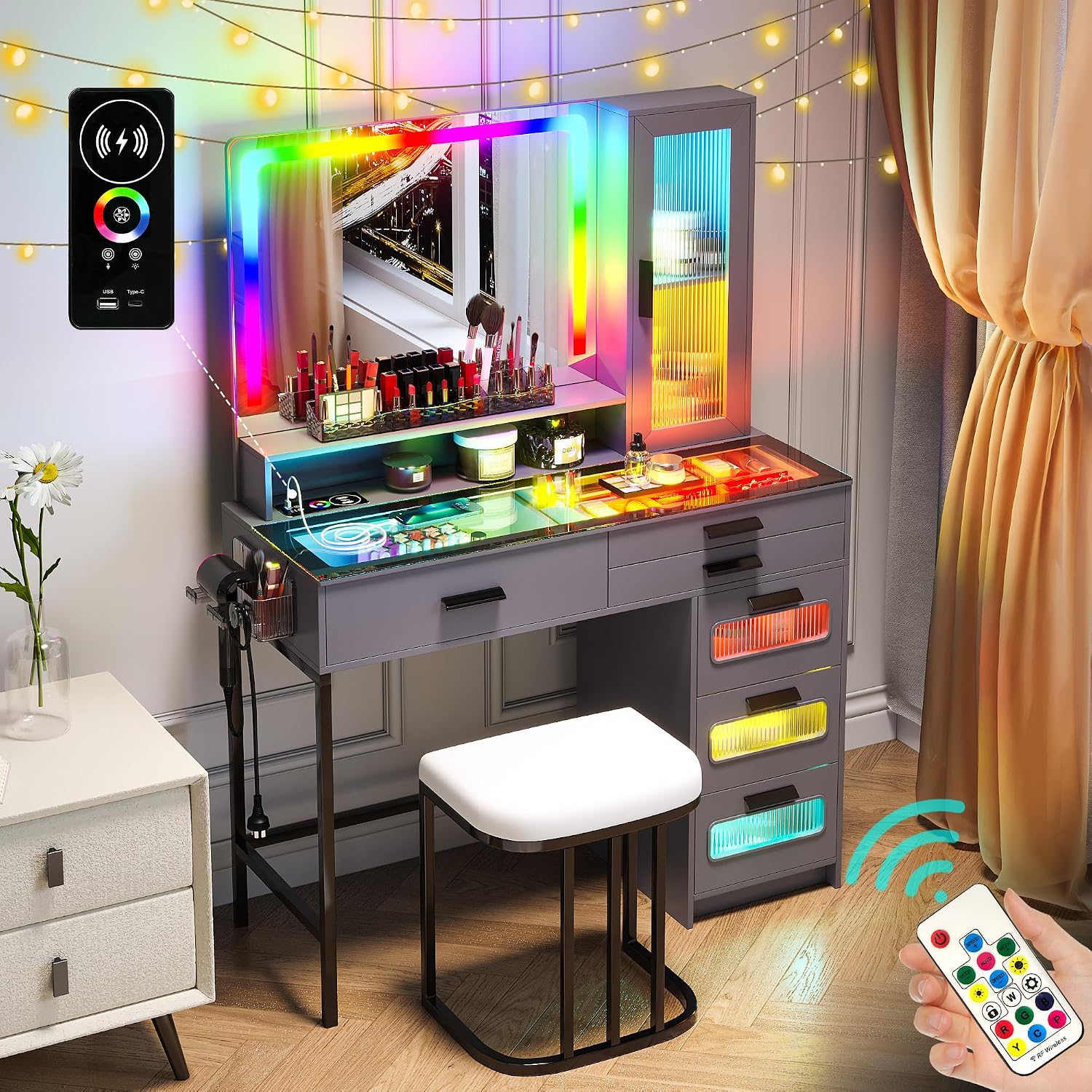 WOOVIVS Vanity with LED Mirror, Makeup Desk with 24 RGB Atuo Lighted Drawers for Bedroom, Glass Top Vanities Table Set with Wireless Charging Station, Chair,Jewelry Organizer for Girls/Women (Grey)