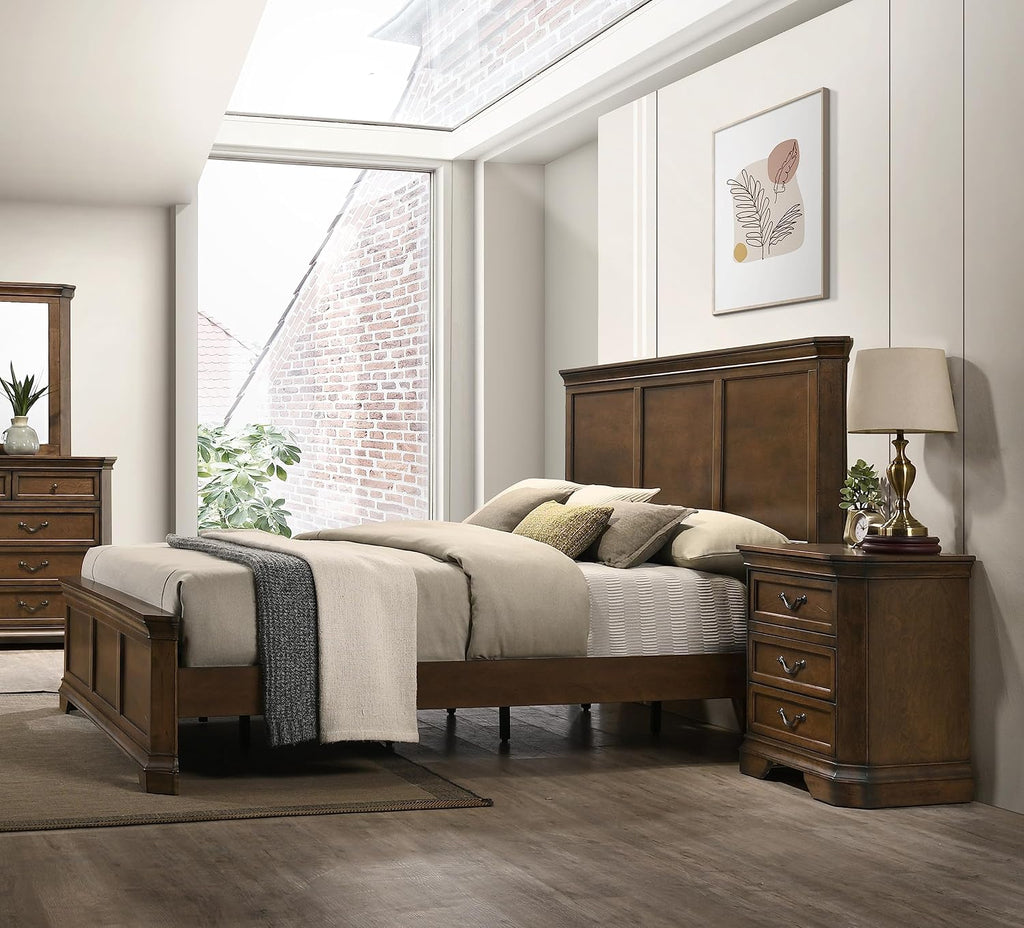 3 Wood Bedroom Set with King Size Panel Bed and Two Nightstands