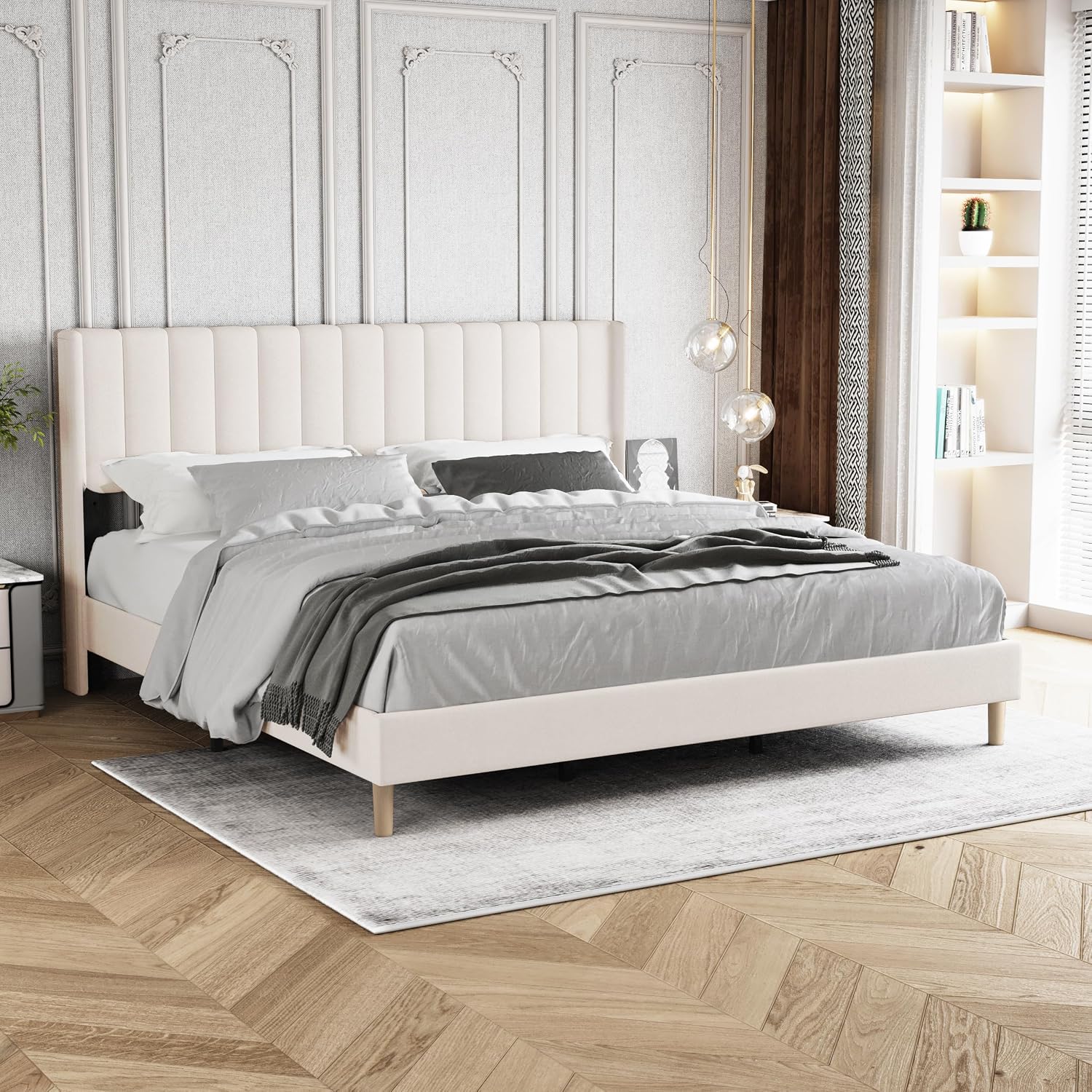 King Size Bed Frame with Headboard, Modern Upholstered Velvet Platform Bed, Heavy Duty Wooden Slats Support, No Box Spring Needed, Noise-Free & Easy Assembly, Beige