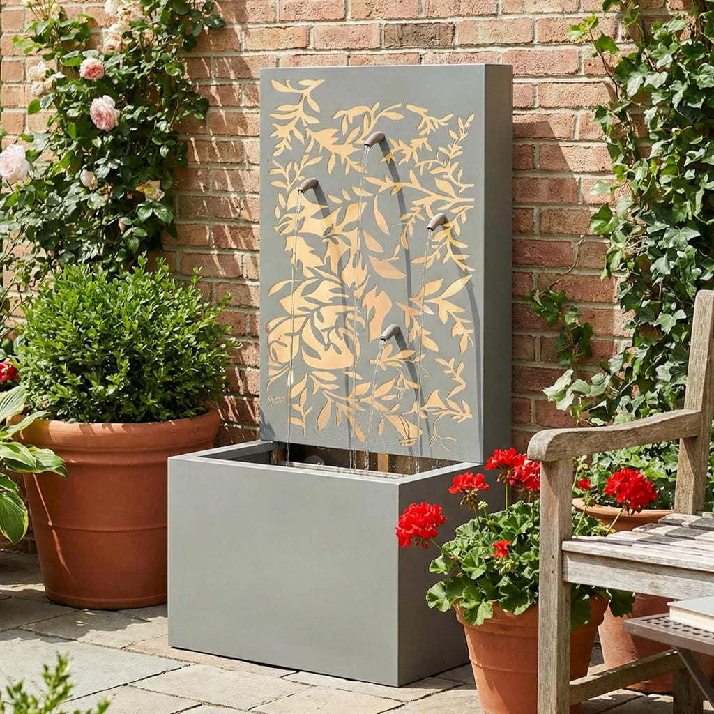 Merax 30.71' H Light Gray Metal Leaf Cutout Outdoor Water Wall Fountain with LED Lights, Modern Waterfall Feature for Patio Garden Backyard Decor