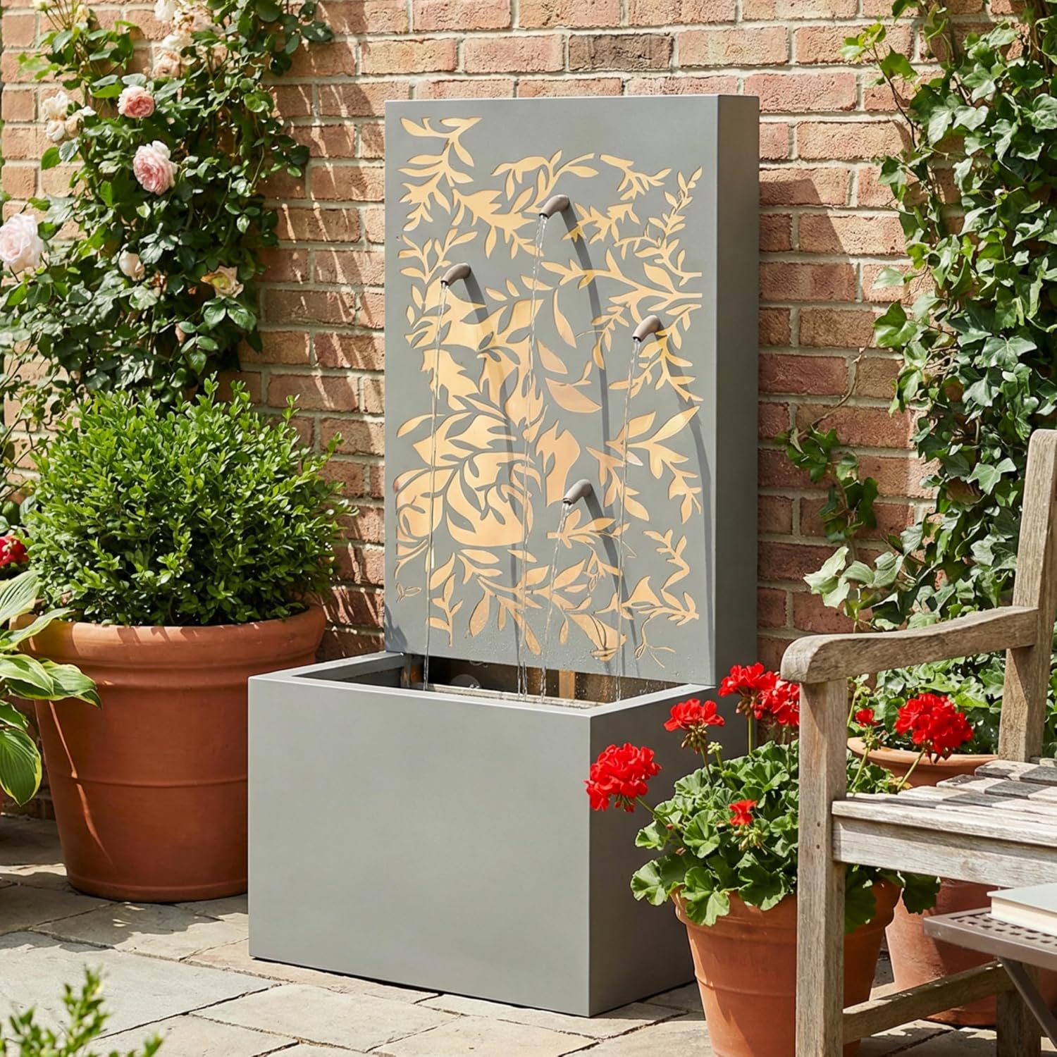 Merax 30.71' H Light Gray Metal Leaf Cutout Outdoor Water Wall Fountain with LED Lights, Modern Waterfall Feature for Patio Garden Backyard Decor