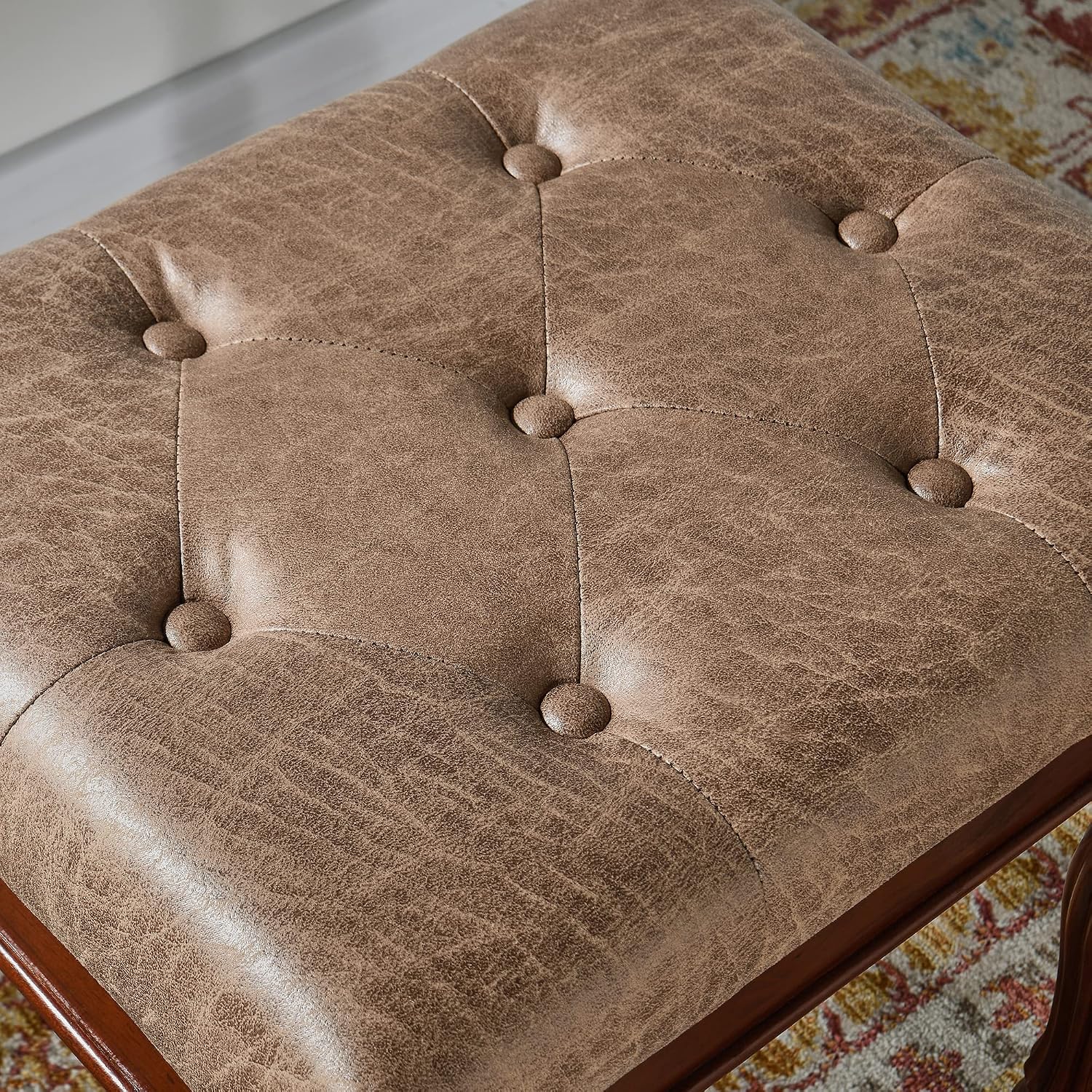 LEEMTORIG Vanity Stool Bench Ottoman Stool, Traditional Victorian Style Piano Bench Chair, Upholstered Button Tufted Solid Wood Short Bench, 14.2' Dx18.5 Wx19.1 H, Yellowish Brown Fabric, FD-1533-LT