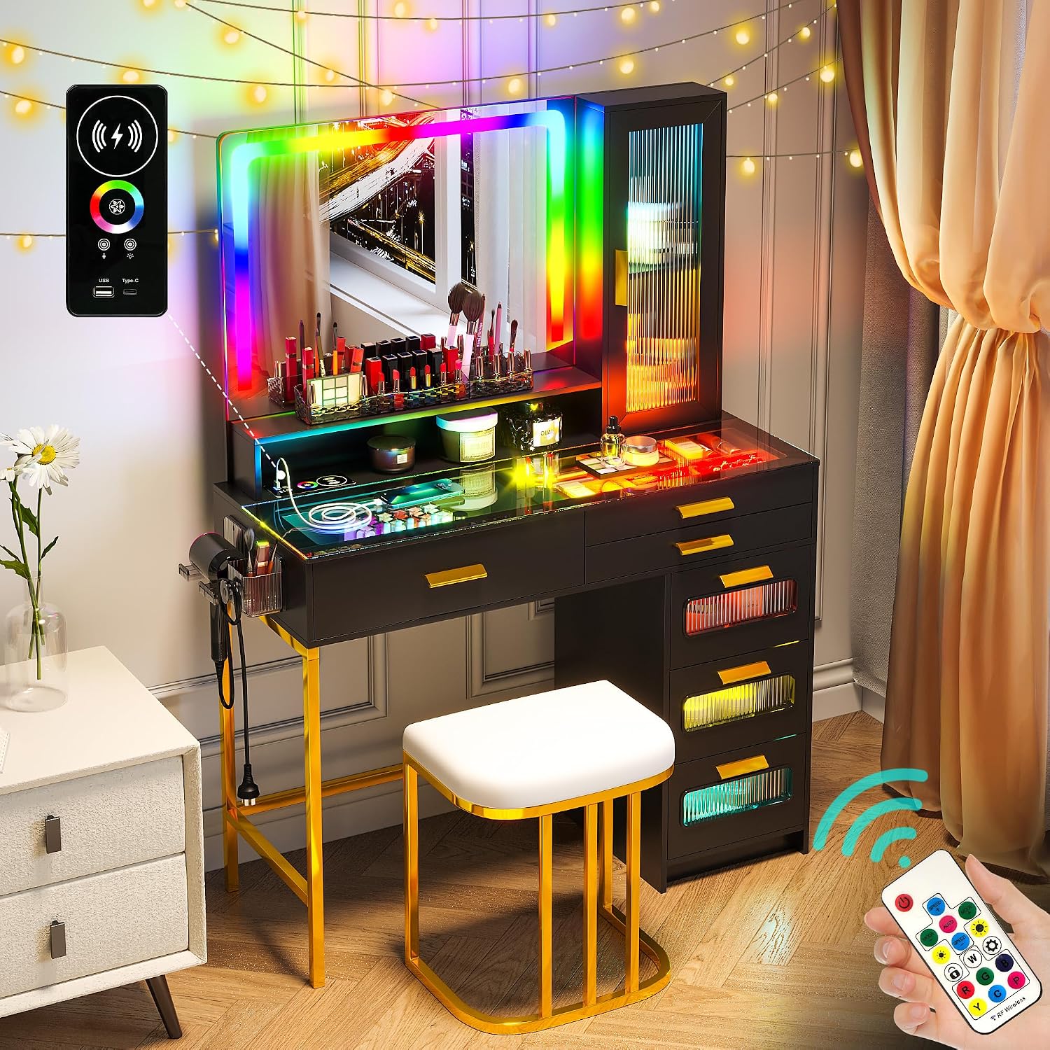 WOOVIVS Vanity with LED Mirror, Makeup Desk with 24 RGB Atuo Lighted Drawers for Bedroom, Glass Top Vanities Table Set with Wireless Charging Station, Chair,Jewelry Organizer for Girls/Women (Black)