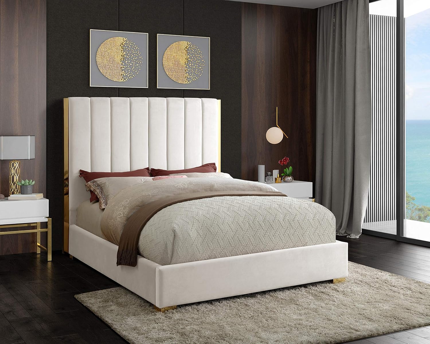 Meridian Furniture Becca Collection Modern | Contemporary Velvet Upholstered Bed with Deep Channel Tufting and Polished Gold Metal Frame, Cream, Full
