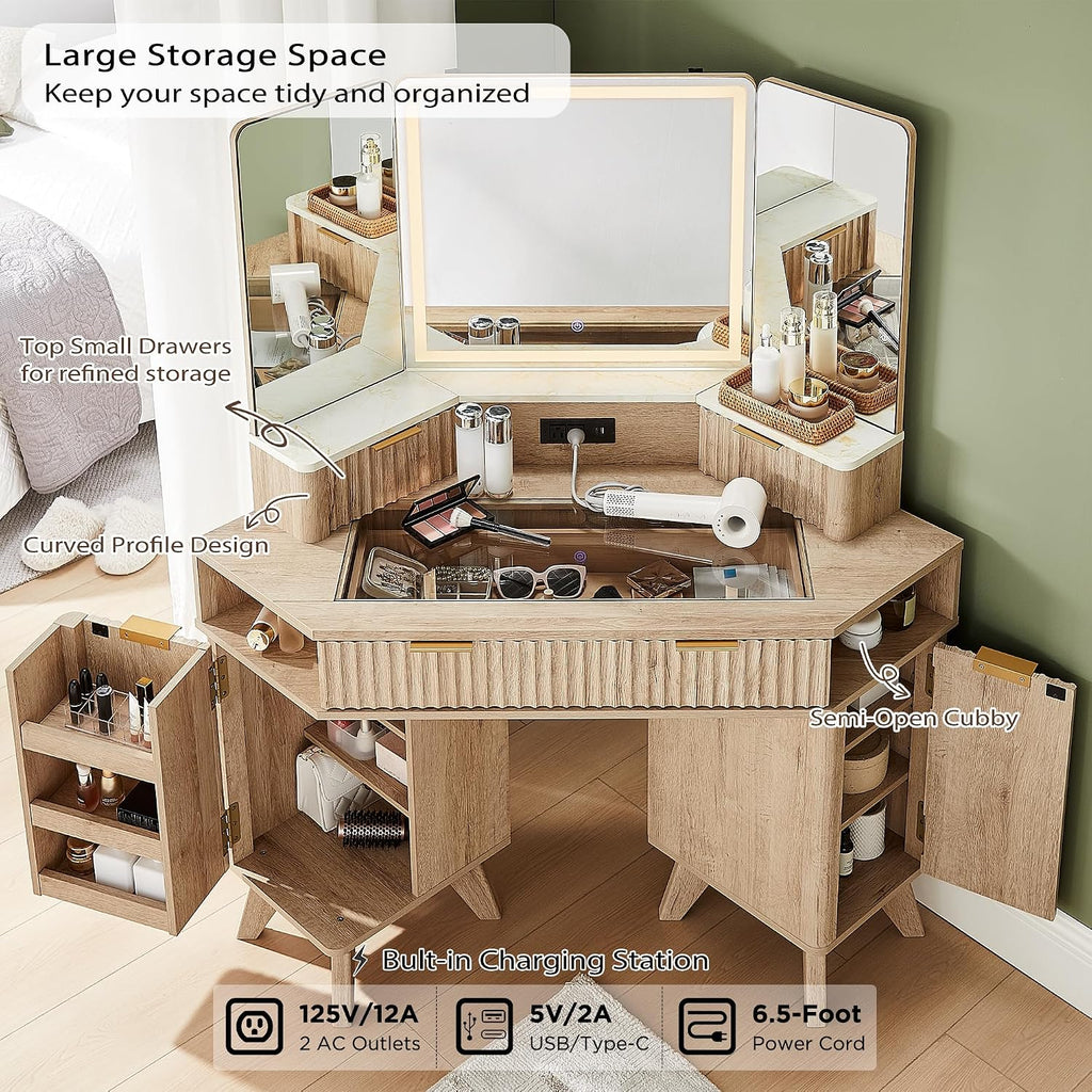 T4TREAM Fluted Makeup Vanity Desk with 3 Way Mirror and Lights, 48' Large Corner Vanity Table with Glass Top, Charging Station, 3 Drawers, Storage Cabinets & Shelves, for Bedroom, Natural Oak