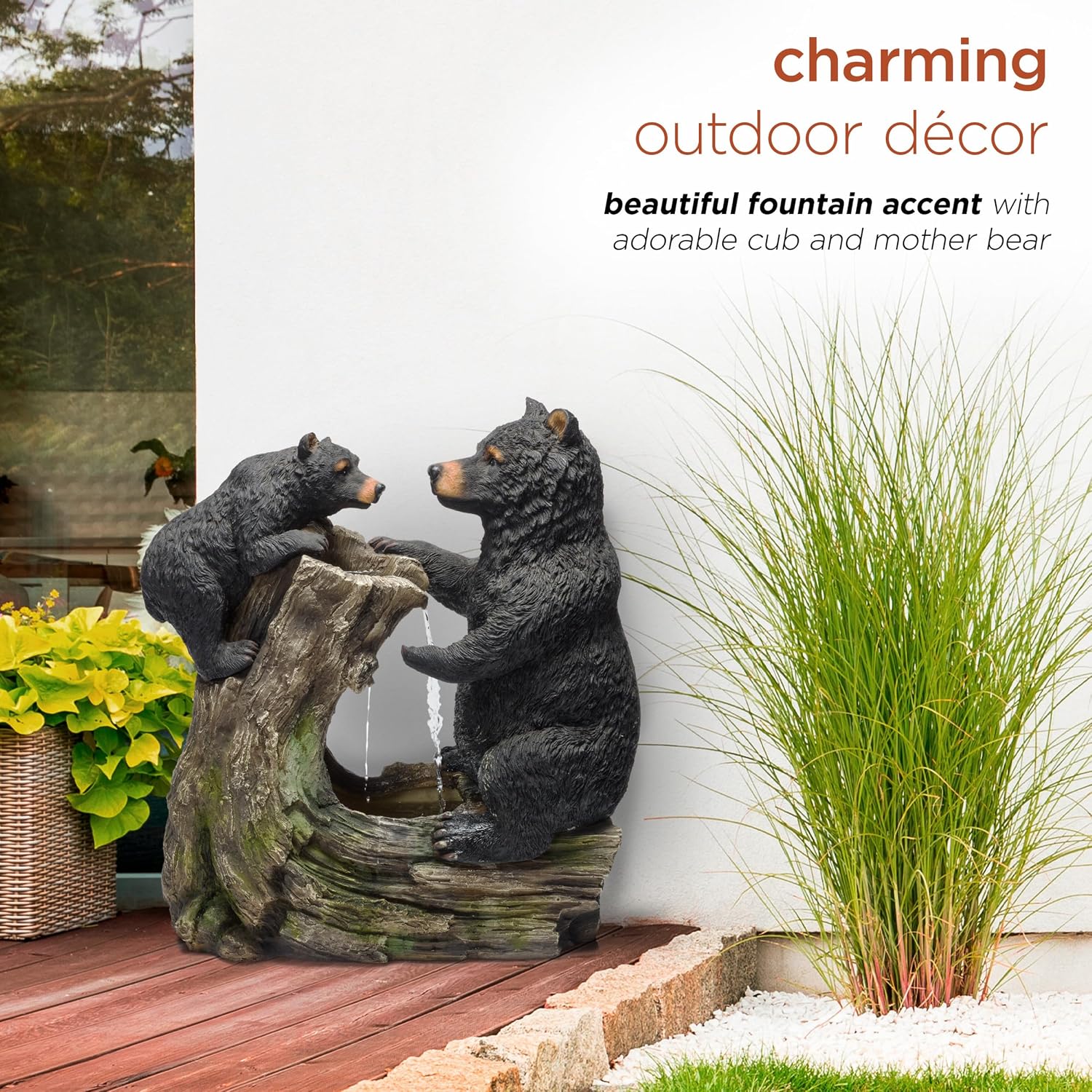 Alpine Corporation USA1132 Indoor/Outdoor Floor Bear and Cub on Log Fountain, Playful Bear and Cub Garden Fountain 26', Black