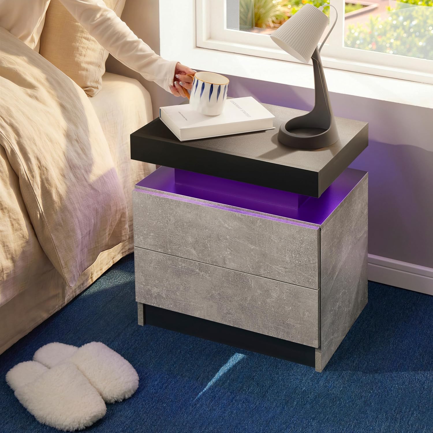 i-aplus Nightstand Set of 2 LED Nightstand with 2 Drawers, Bedside Table with Drawers for Bedroom Furniture, Side Bed Table with LED Light, Grey Black