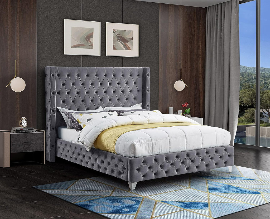 Meridian Furniture SavanGrey-F Savan Collection Modern | Contemporary Velvet Upholstered Bed with Deep Button Tufting in Gold or Chrome Finish, 66' W x 81' D x 56' H, Grey, Full