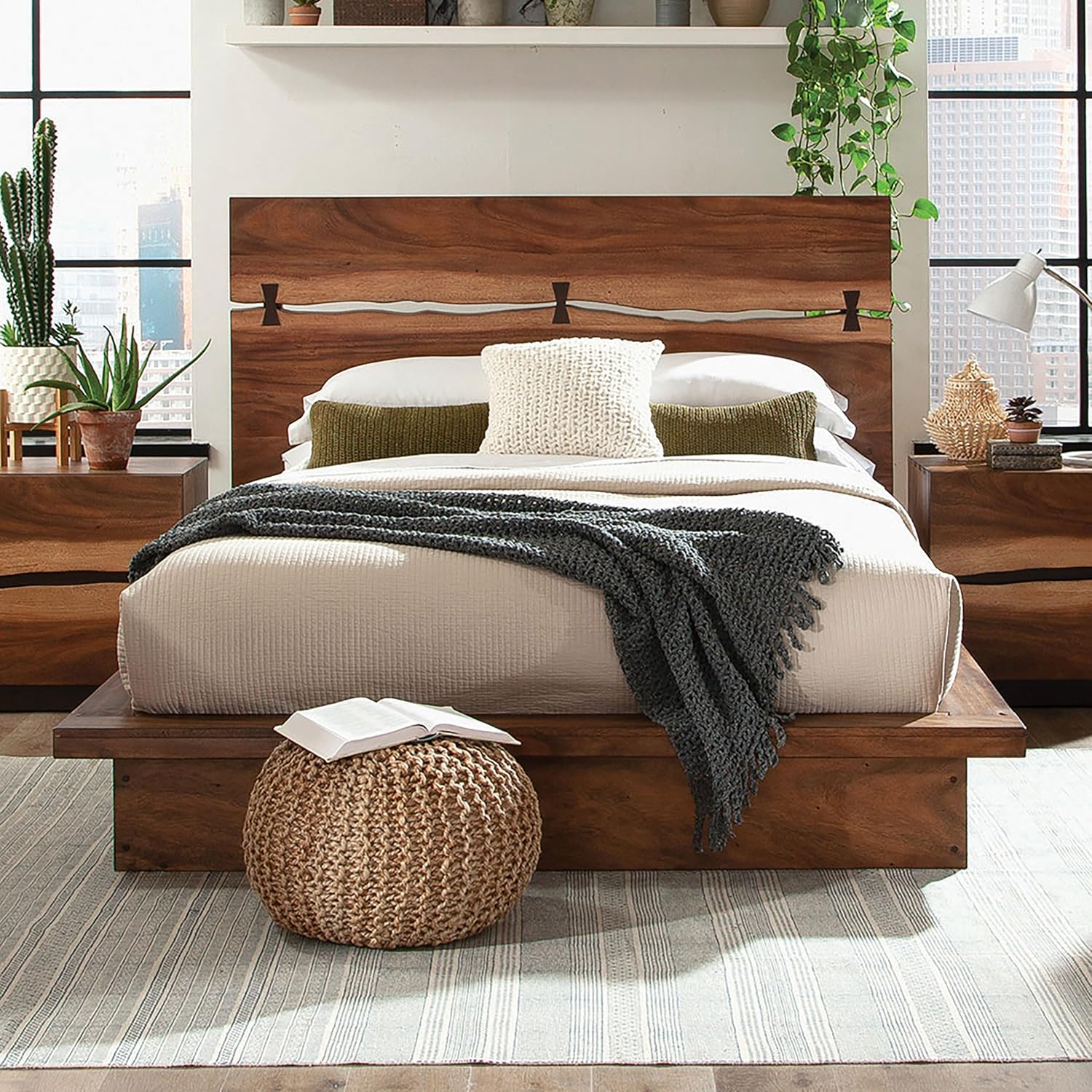 Coaster Home Furnishings – Winslow – Wood – Eastern King Platform Bed with Jagged Seam, Bow Tie Inlays, and Separated Headboard – Bedroom – Smokey Walnut and Coffee Bean - 223250KE