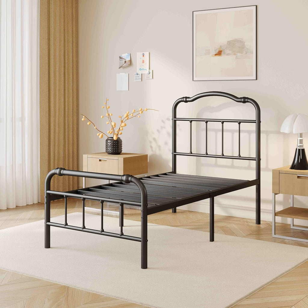 ZIYOO Vintage-Inspired 18 Inch Metal Bed Frame - Victorian Headboard & Footboard, Sturdy Platform Design, Under Bed Storage, No Box Spring Needed, Noise Free, Twin XL Size