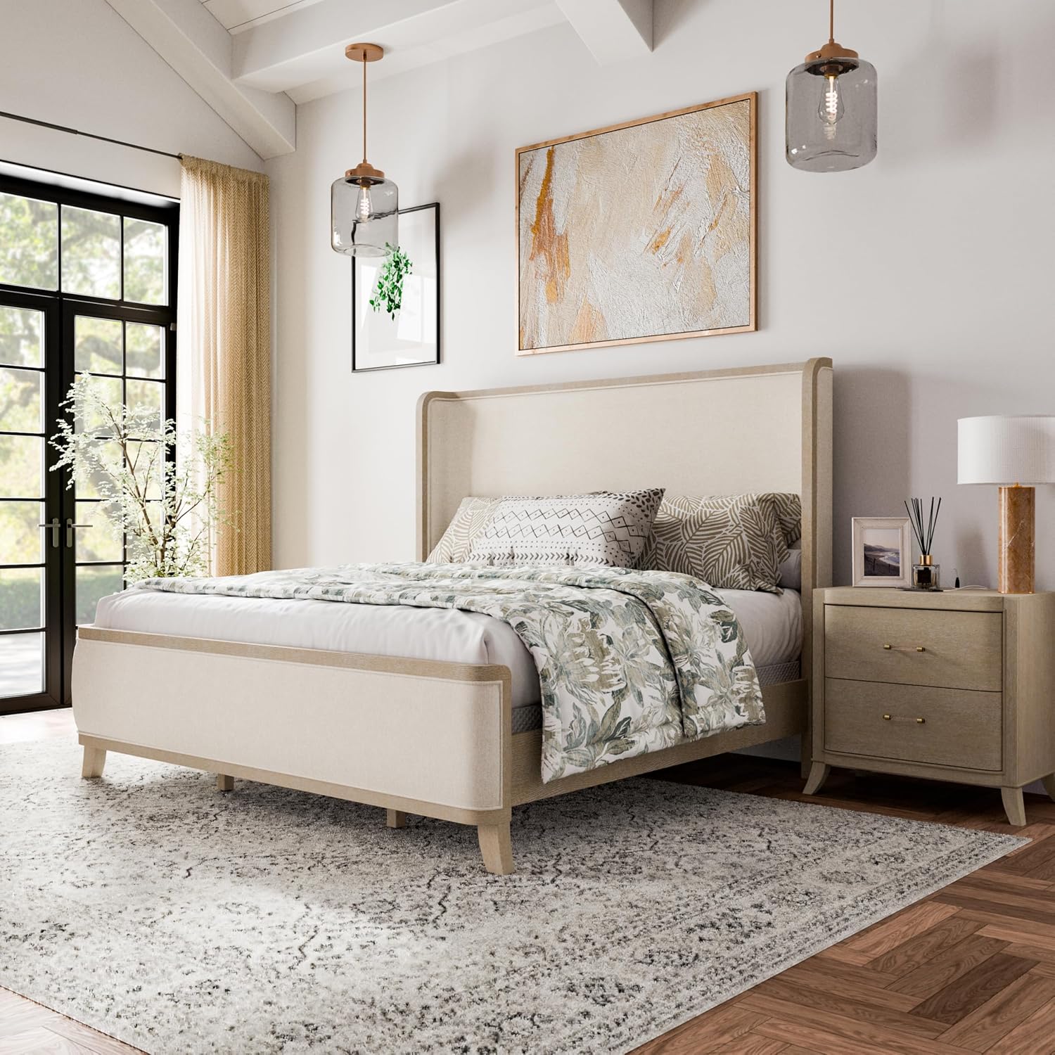 Furniture of America Saries Modern Solid Wood 2-Piece Bedroom Set with King Bed Frame and 2 Drawer Nightstand for Guest Room, Dorm, Home, Box Spring Needed, Natural Oak