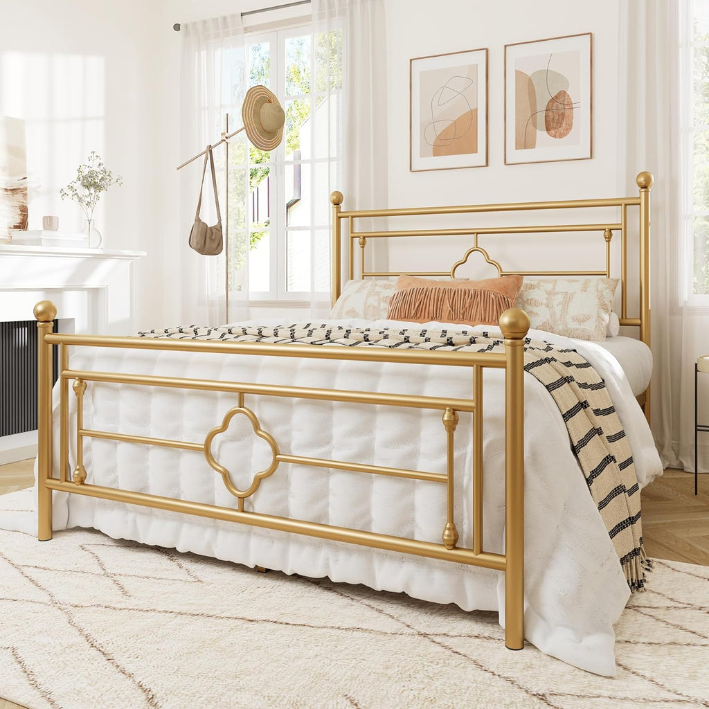 Allewie Full Size Metal Platform Bed Frame with Victorian Vintage Headboard and Footboard/Mattress Foundation/Under Bed Storage/No Box Spring Needed/Noise-Free/Easy Assembly, Gold