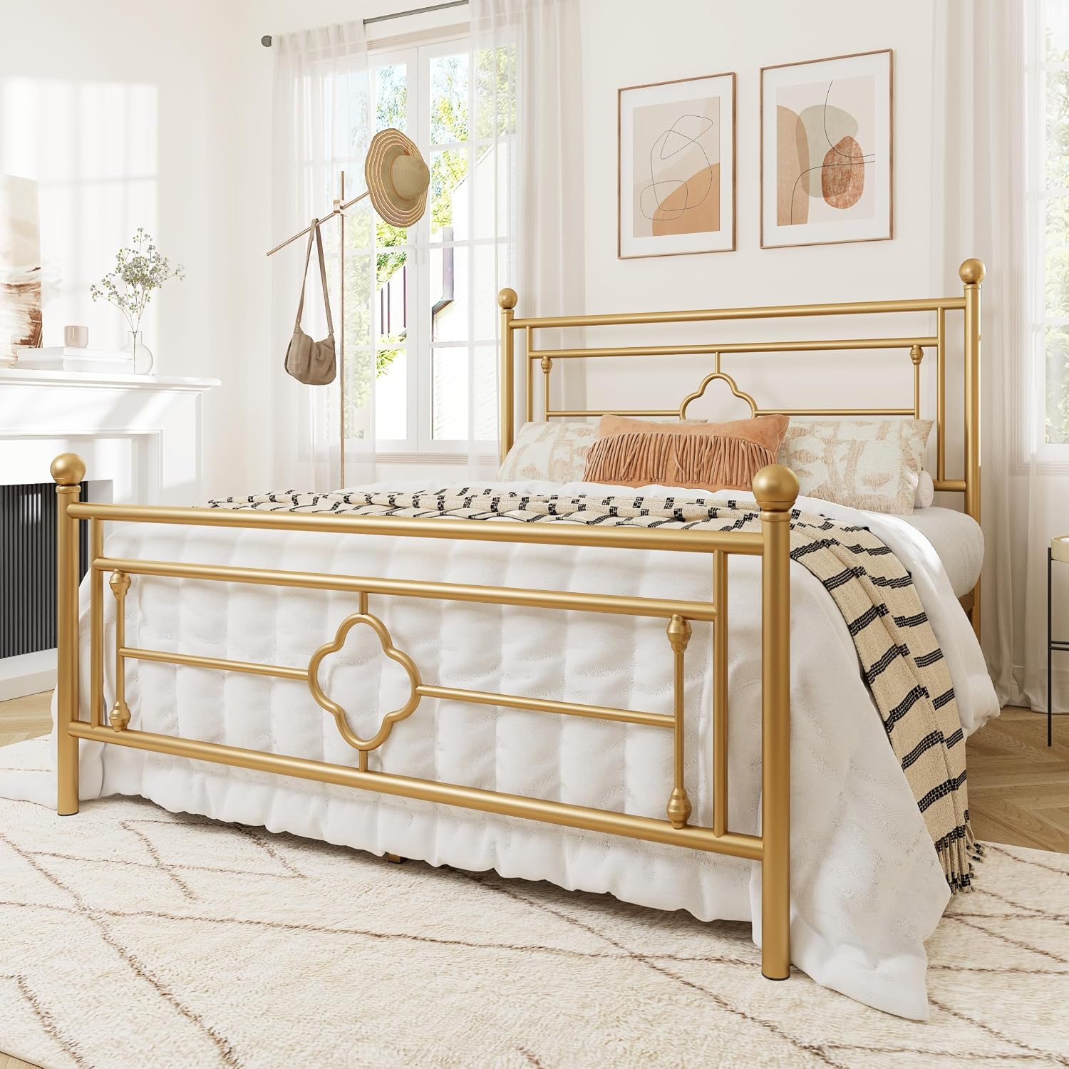 Allewie Queen Size Metal Platform Bed Frame with Victorian Vintage Headboard and Footboard/Mattress Foundation/Under Bed Storage/No Box Spring Needed/Noise-Free/Easy Assembly, Gold