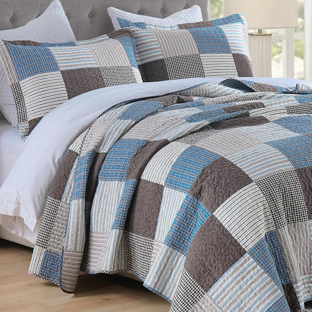 Y-PLWOMEN 100% Cotton Farmhouse Plaid Lightweight 3-Pieces Quilt Set (Blue Brown, King98 * 106 Inch)