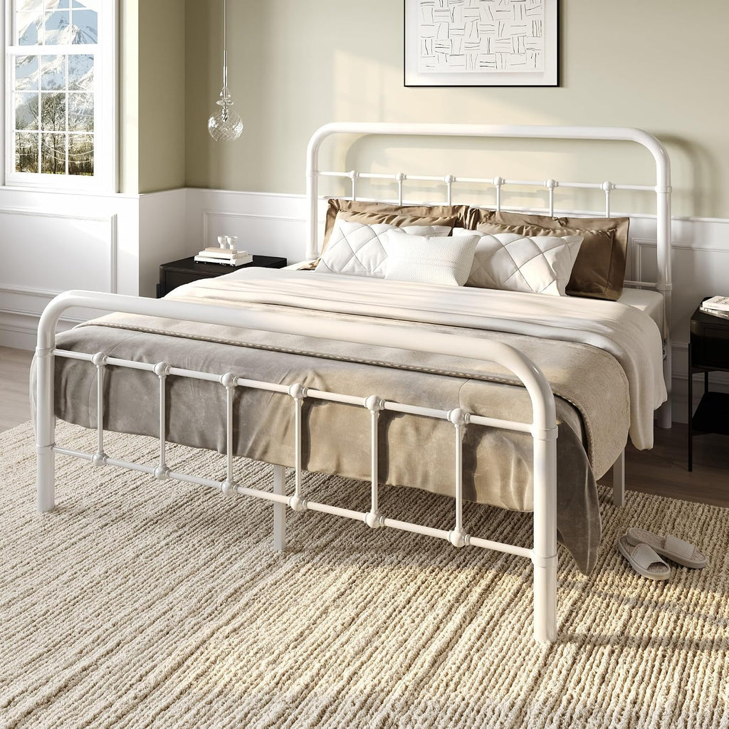 SHA CERLIN Full Size Bed Frame Metal Platform Bed with Vintage Style Headboard and Footboard, Heavy Duty Mattress Foundation, No Box Spring Needed, Easy Assembly, White