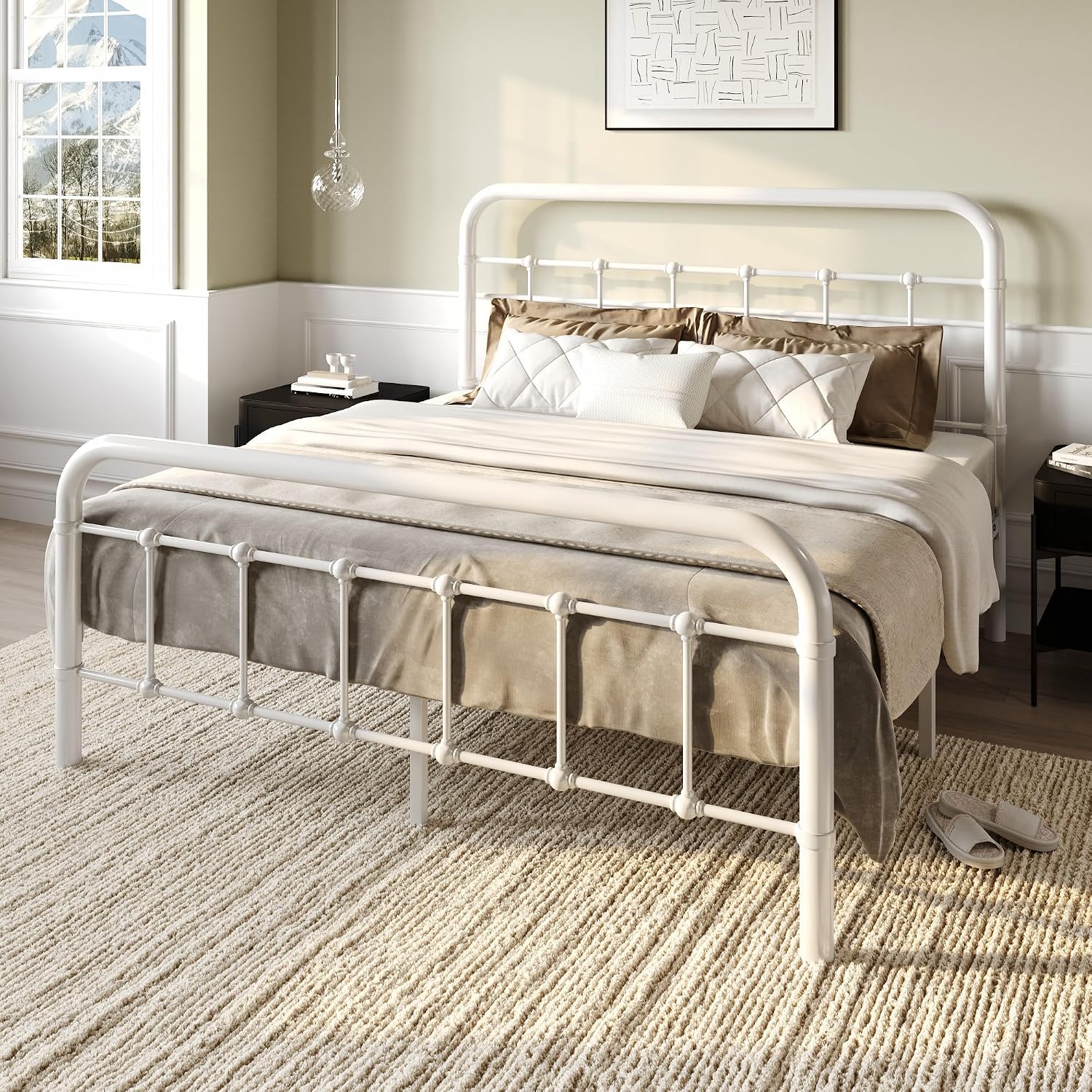 SHA CERLIN Full Size Bed Frame Metal Platform Bed with Vintage Style Headboard and Footboard, Heavy Duty Mattress Foundation, No Box Spring Needed, Easy Assembly, White