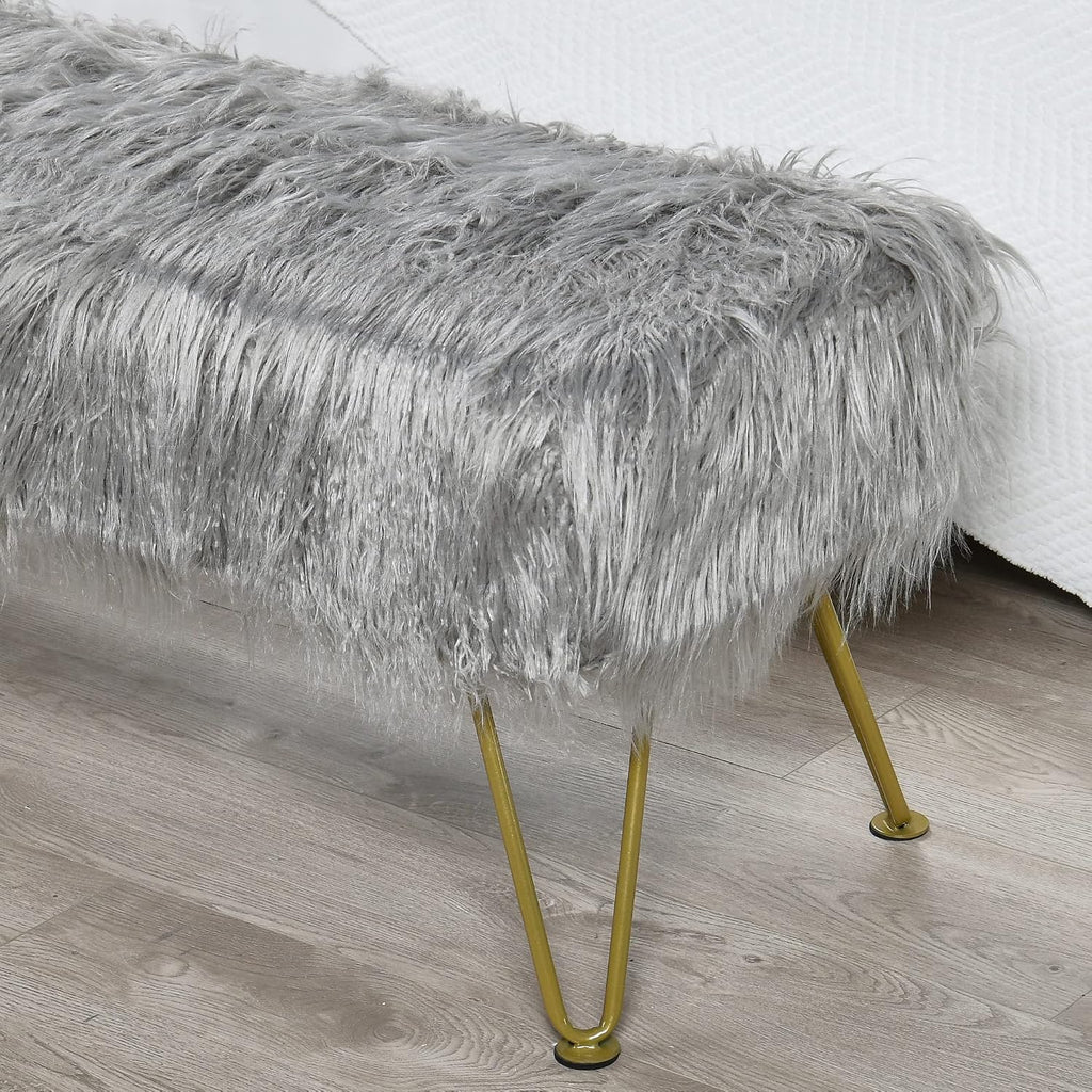 Gray Soft Plush Faux Fur Ottoman Entryway Bench Furry Footrest Stool 46'x16'x17' Sturdy Accent Long Bench for Bedroom End of Bed Closet Vanity Fuzzy Coffee Table Living Room Ottoman Gold Legs