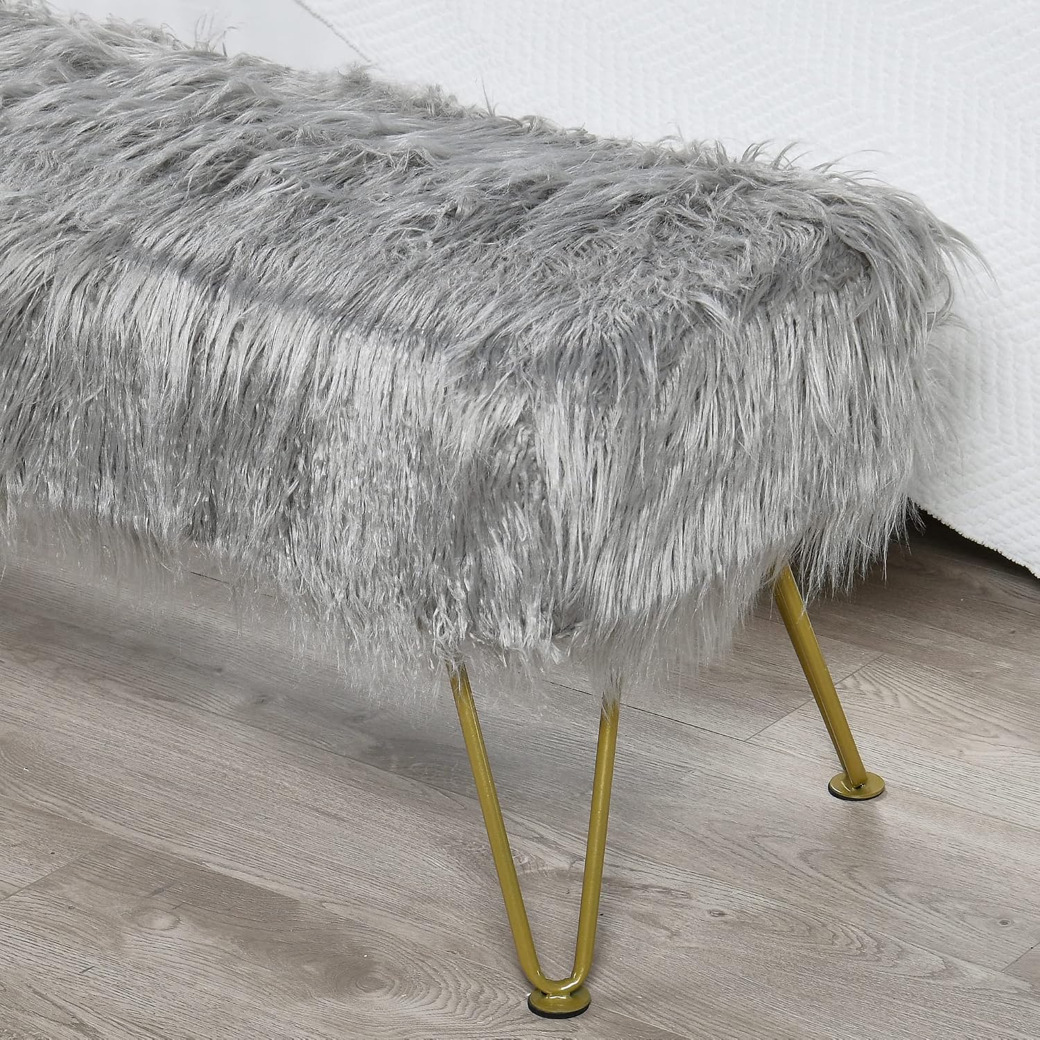 Gray Soft Plush Faux Fur Ottoman Entryway Bench Furry Footrest Stool 46'x16'x17' Sturdy Accent Long Bench for Bedroom End of Bed Closet Vanity Fuzzy Coffee Table Living Room Ottoman Gold Legs