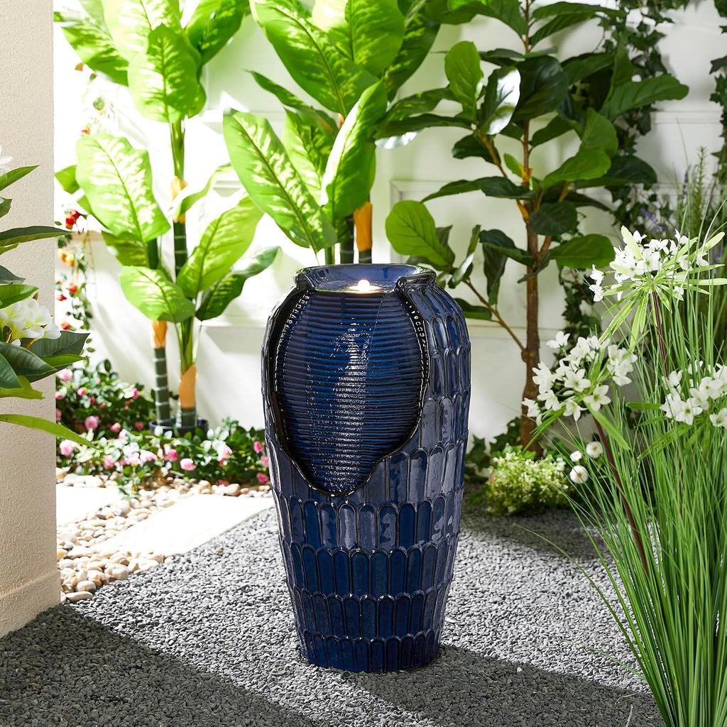 Glitzhome 28.25' H Oversized Ceramic Petals Textured Jar Outdoor Water Fountain, Vintage Cobalt Blue Glaze Vase Patio Garden Waterfall Fountain with LED Light and Submersible Pump