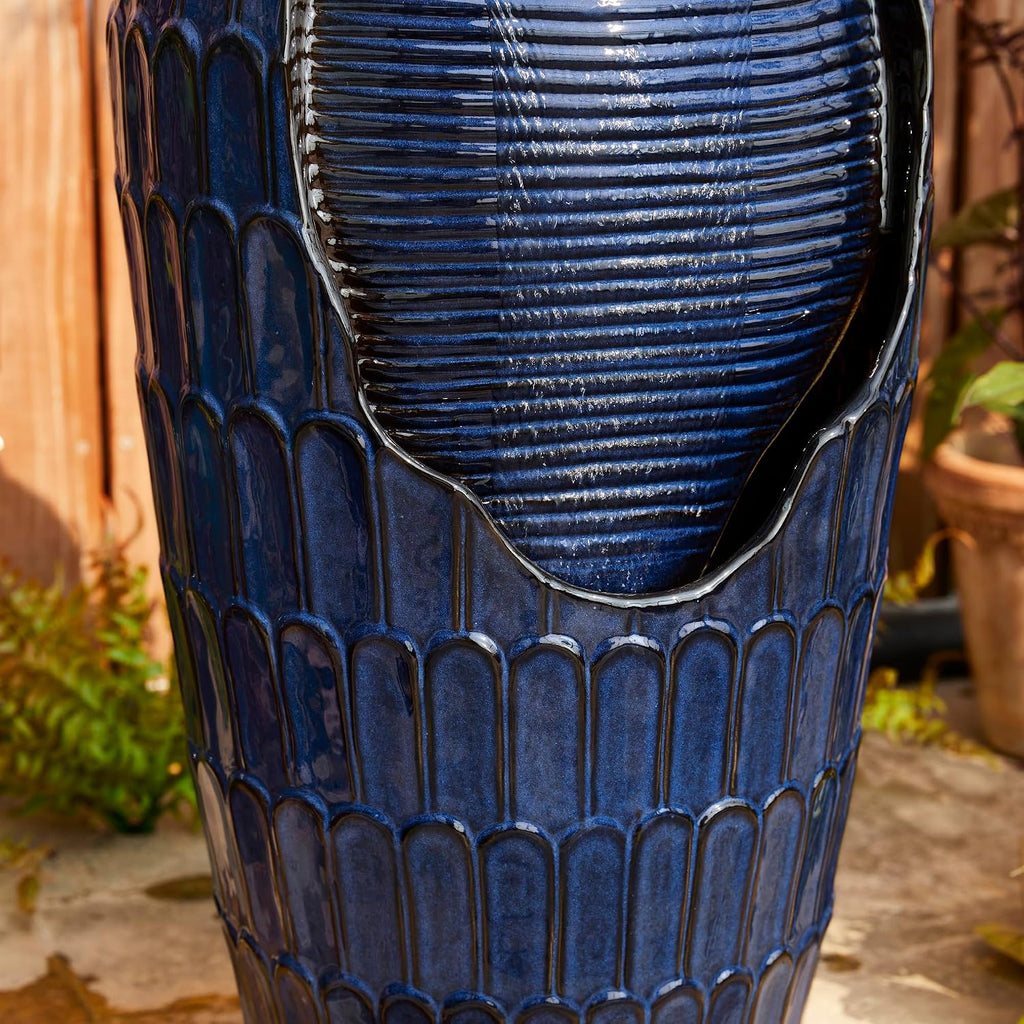 Glitzhome 28.25' H Oversized Ceramic Petals Textured Jar Outdoor Water Fountain, Vintage Cobalt Blue Glaze Vase Patio Garden Waterfall Fountain with LED Light and Submersible Pump