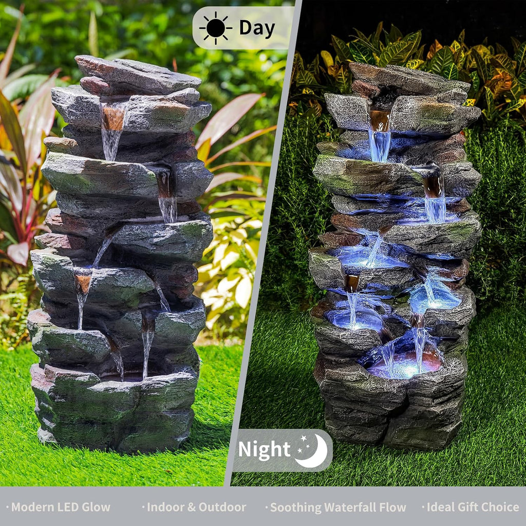 Outdoor Rock Waterfall Fountain with LED Lights, Multi-Tier Stacked Stone Style, Garden Patio Decor