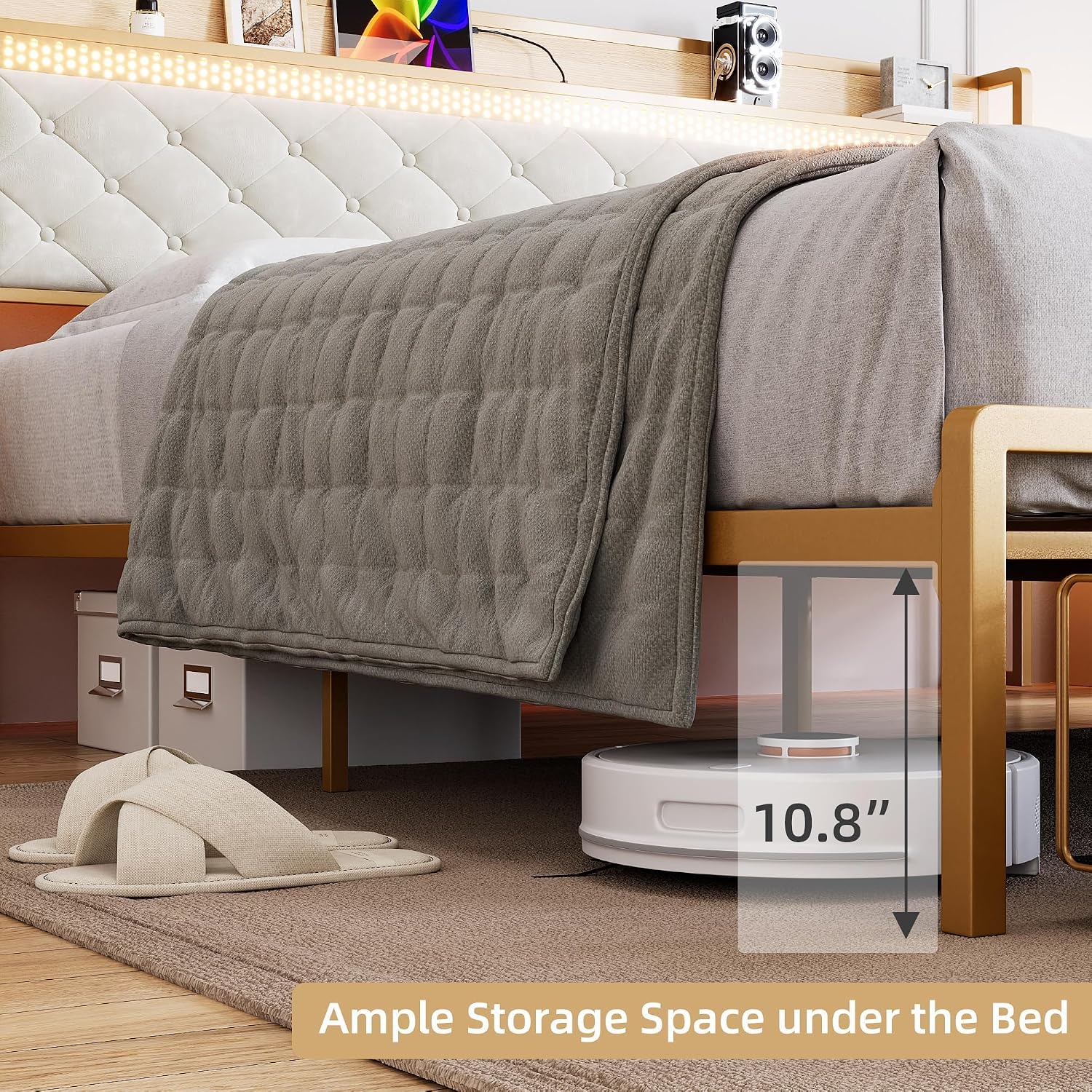 King Bed Frame with Headboard,Upholstered Bed Frame King Size with 2 Drawers,Metal Platform Bed Frame with Charging Station & LED Lights,Noise-Free/Metal Slats Support/No Box Spring Needed