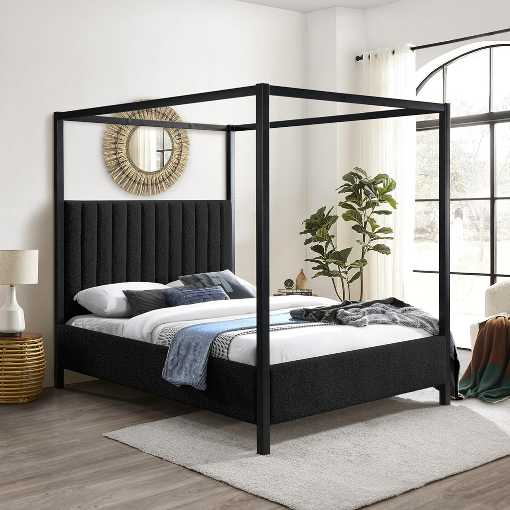 Meridian Furniture KellyBlack-K Kelly Collection Modern | Contemporary King Bed with Rich Black Boucle Fabric, Matte Black Iron Metal Frame Canopy, 78.5' W x 84.5' D x 77' H, Black, King