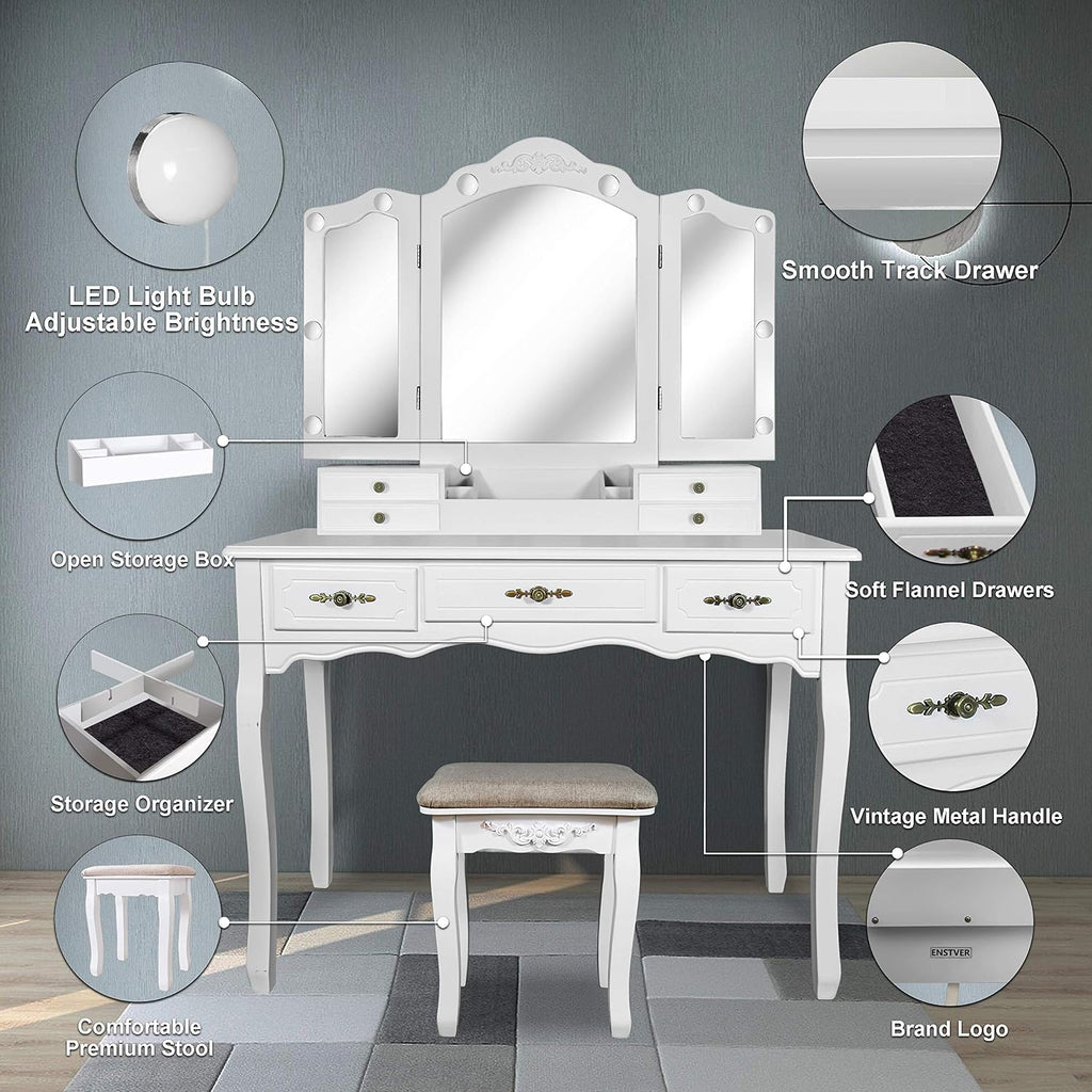 ENSTVER Vintage Vanity Set with 10 Hollywood LED Light Bulbs, Makeup Table with Stool and Mirror, Antique Vanity 6 Organization 7 Drawers, Dressing Table for Bedroom, Victorian Vanity Pure White