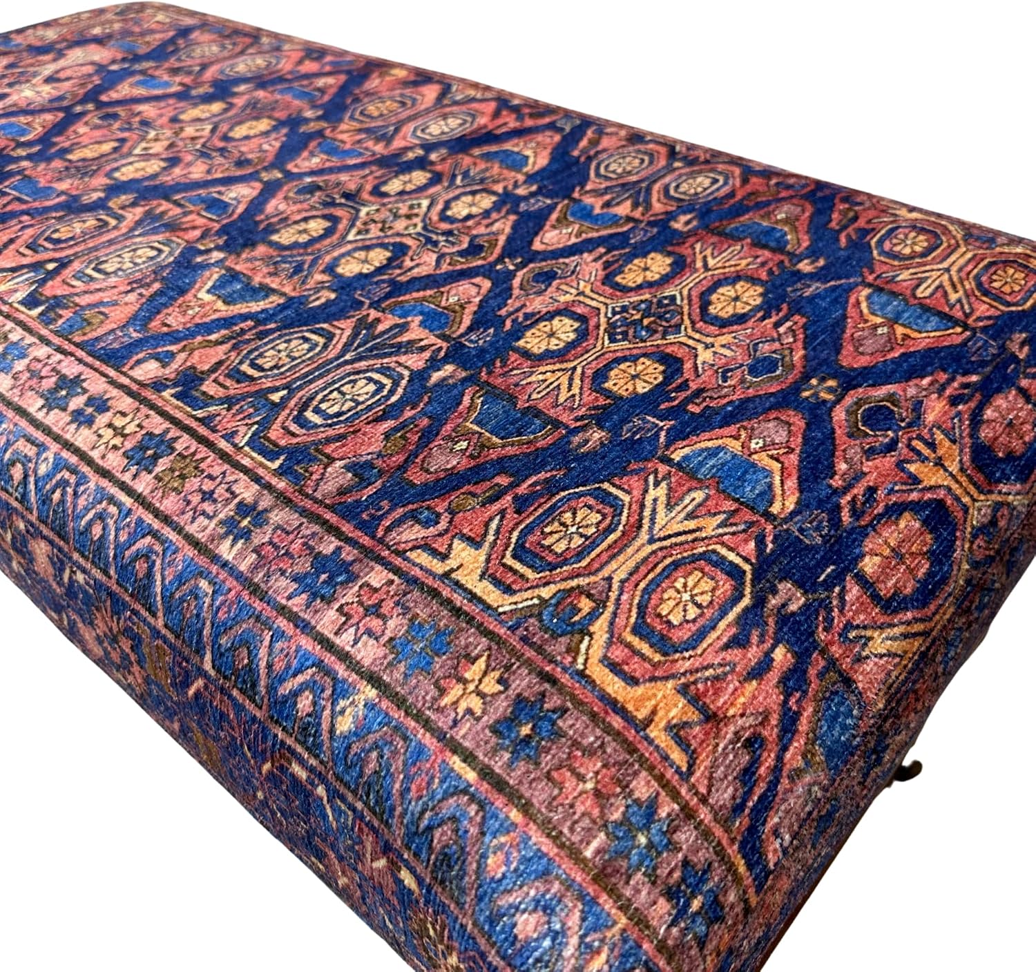 Boho Geometric Rug Upholstered Ottoman Bench, Piano Bench, Blue Decorative Entryway Bench, Bedroom Ottoman, Kitchen Dining Bench, Footstool Ottoman (18x18X36, Blue-Pink)