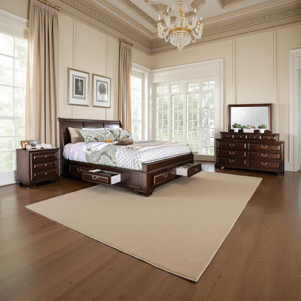 Benjara Lio Four PC King Size Bedroom Set - Cherry Brown Wood Inlay/Silver
