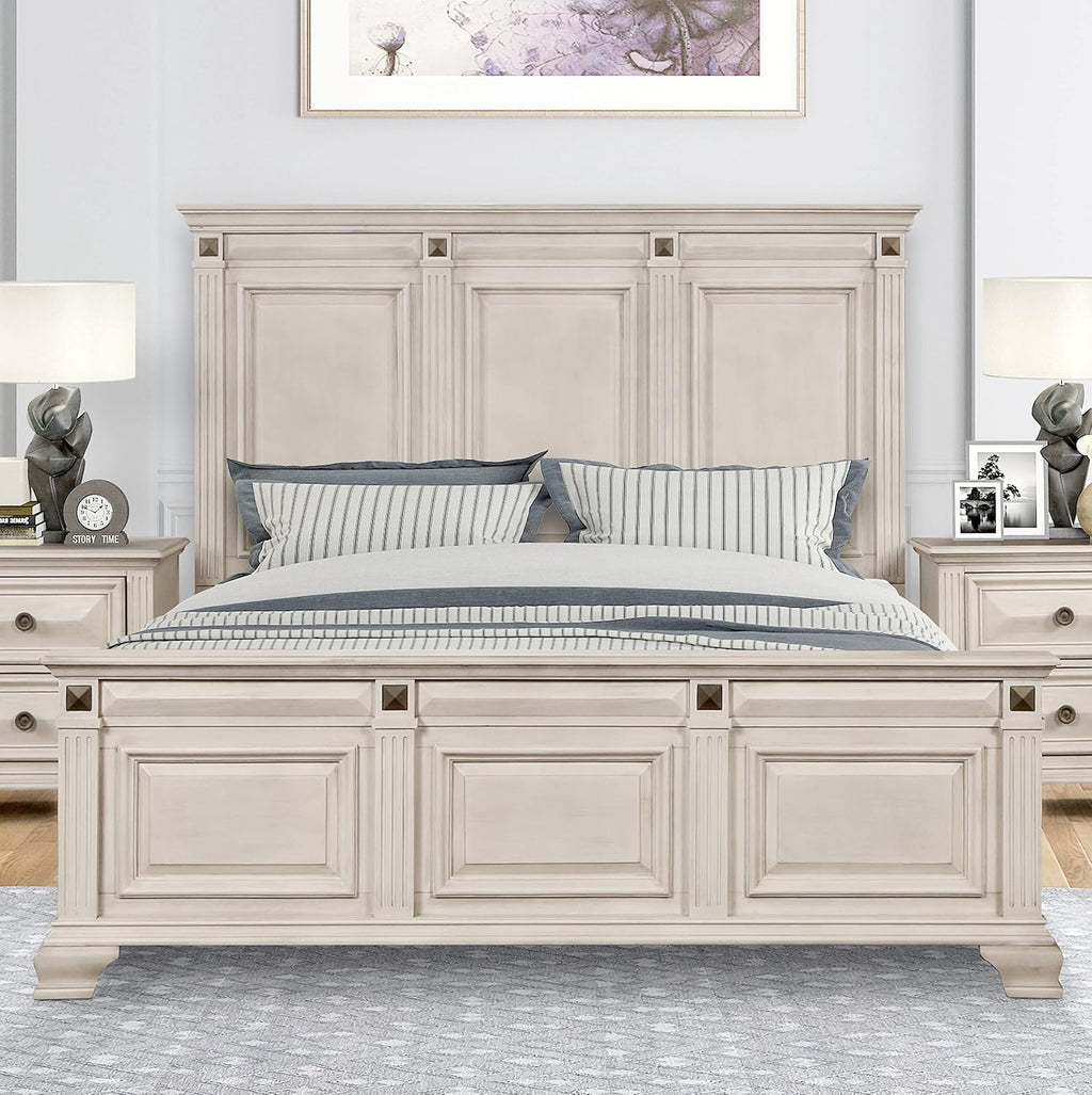 Roundhill Furniture Renova Distressed Parchment Wood Panel Bed, King