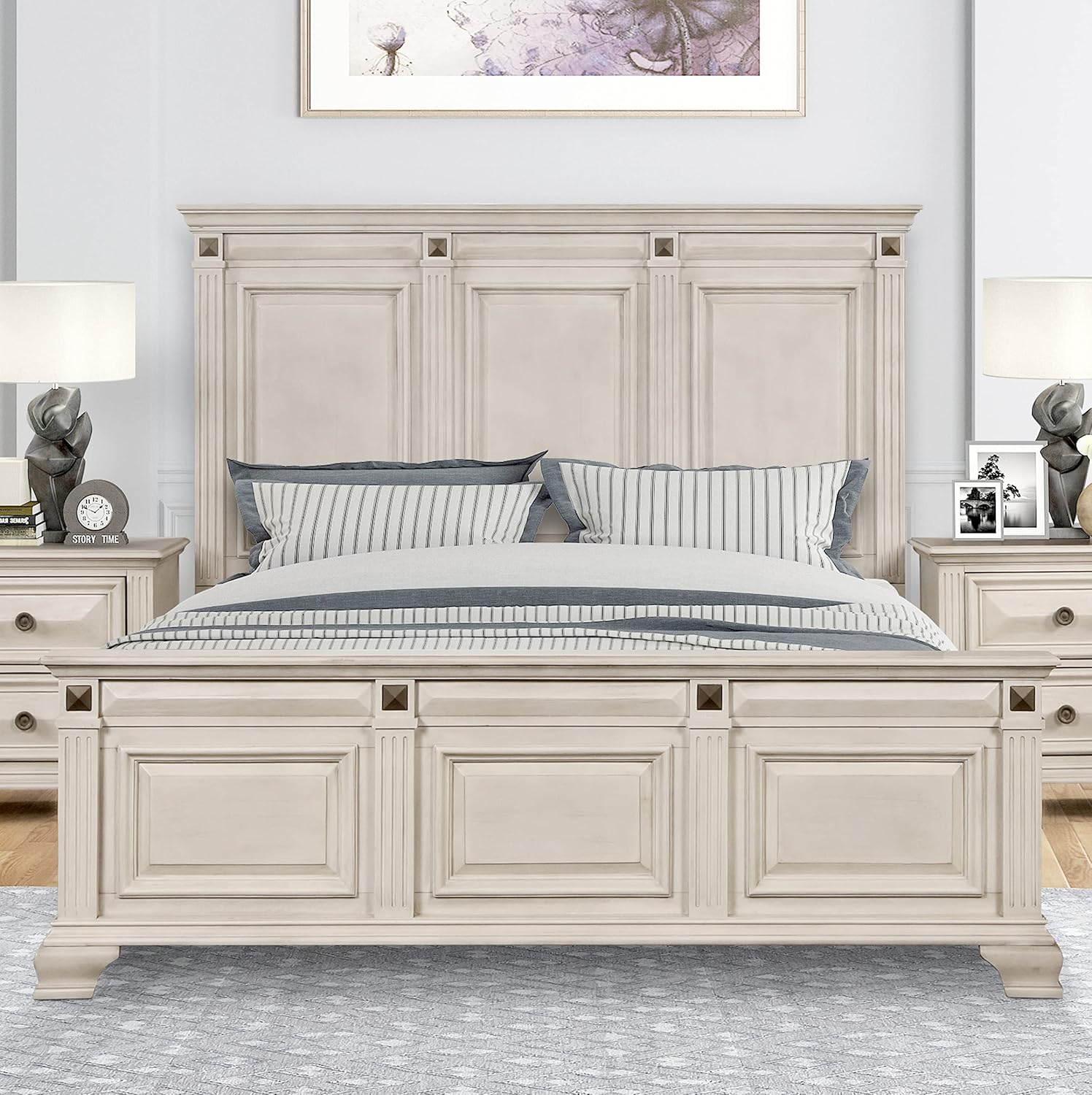 Roundhill Furniture Renova Distressed Parchment Wood Panel Bed, King