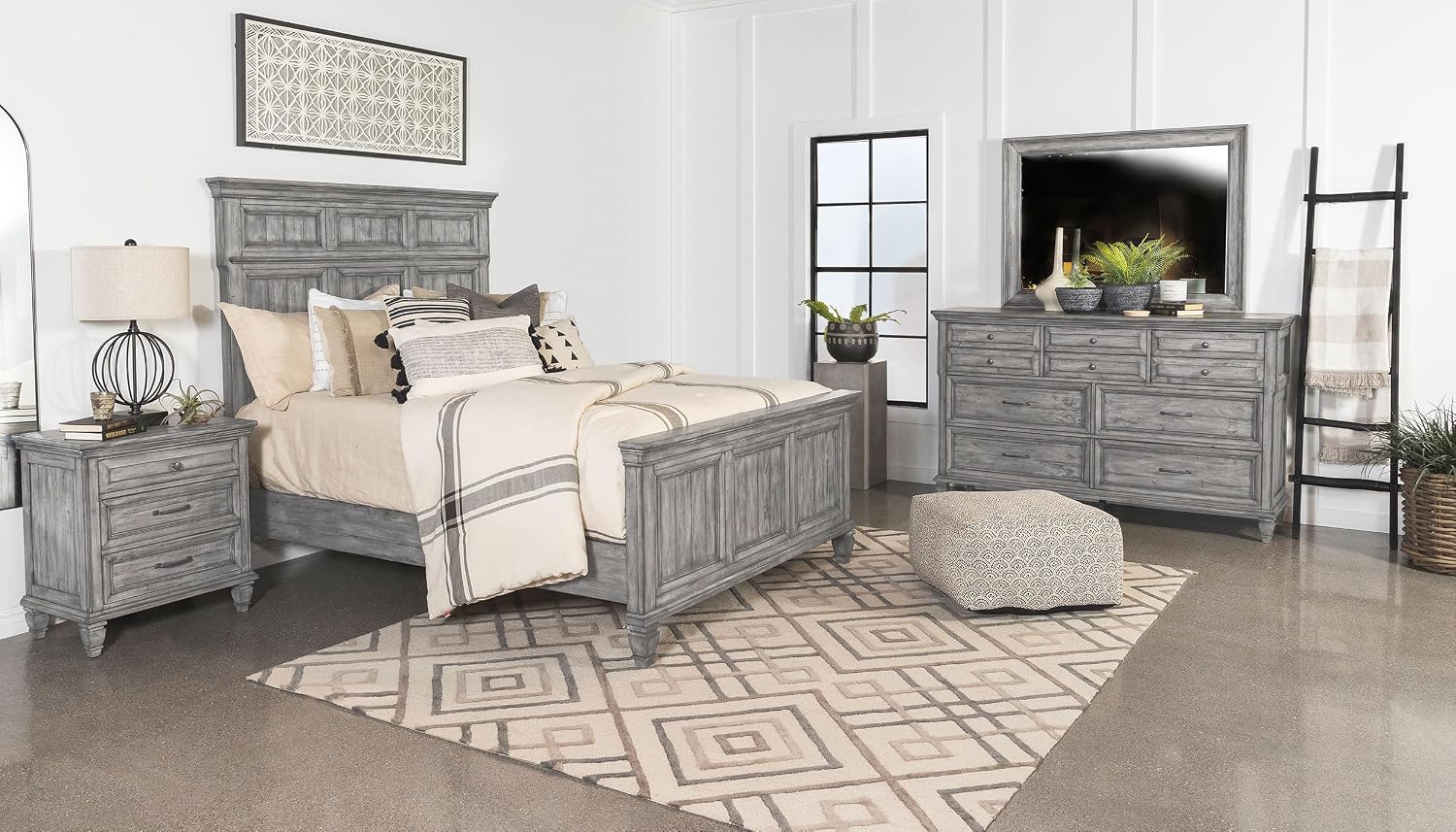 Coaster Home Furnishings Avenue Farmhouse 4-Piece Bedroom Set Eastern King Size Panel Bed Frame 68-inch Headboard Weathered Grey 224031KE-S4