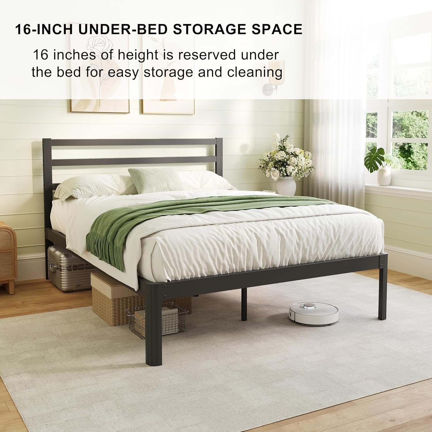 ZIYOO 18 Inch Cal-King Size Metal Platform Bed Frame with Modern Iron-Art Headboard Modern Iron Platform Bed Frame Support Up to 1500 LB No Box Spring Needed Noise-Free, Easy Assembly Black