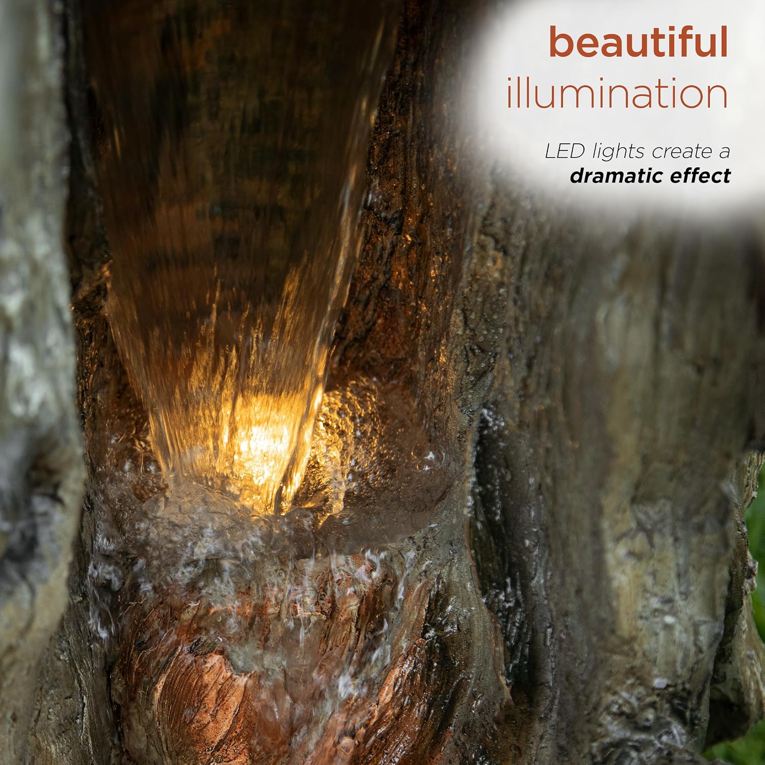 Alpine Corporation 62' Rustic Outdoor Tree Trunk Waterfall Fountain with LED Lights – Natural Wood-Look Water Feature for Gardens, Patios, Yards, and Landscaping Decor, Resin
