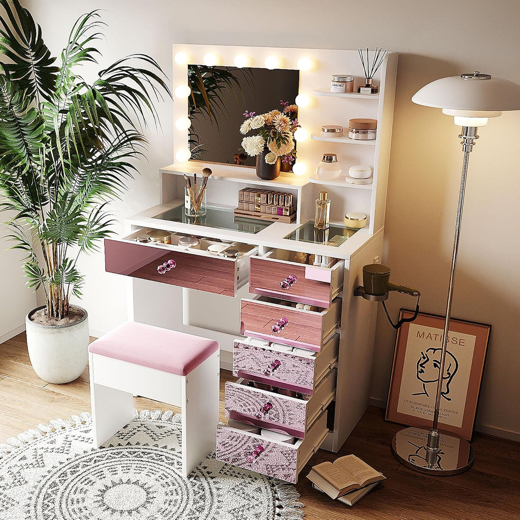 Merax 37' Pink Vanity Desk with Mirror and Lights and Storage Stool, Modern Dressing Table Set with 6 Pink Finish Drawers and Visual Glass Top and Charge Station for Bedroom or Dressing Room