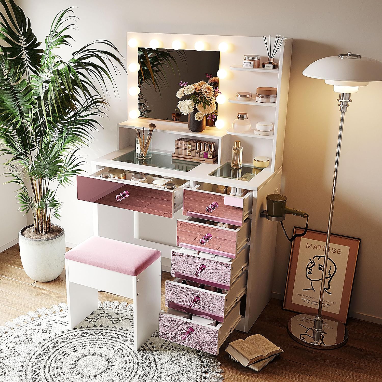 Merax 37' Pink Vanity Desk with Mirror and Lights and Storage Stool, Modern Dressing Table Set with 6 Pink Finish Drawers and Visual Glass Top and Charge Station for Bedroom or Dressing Room