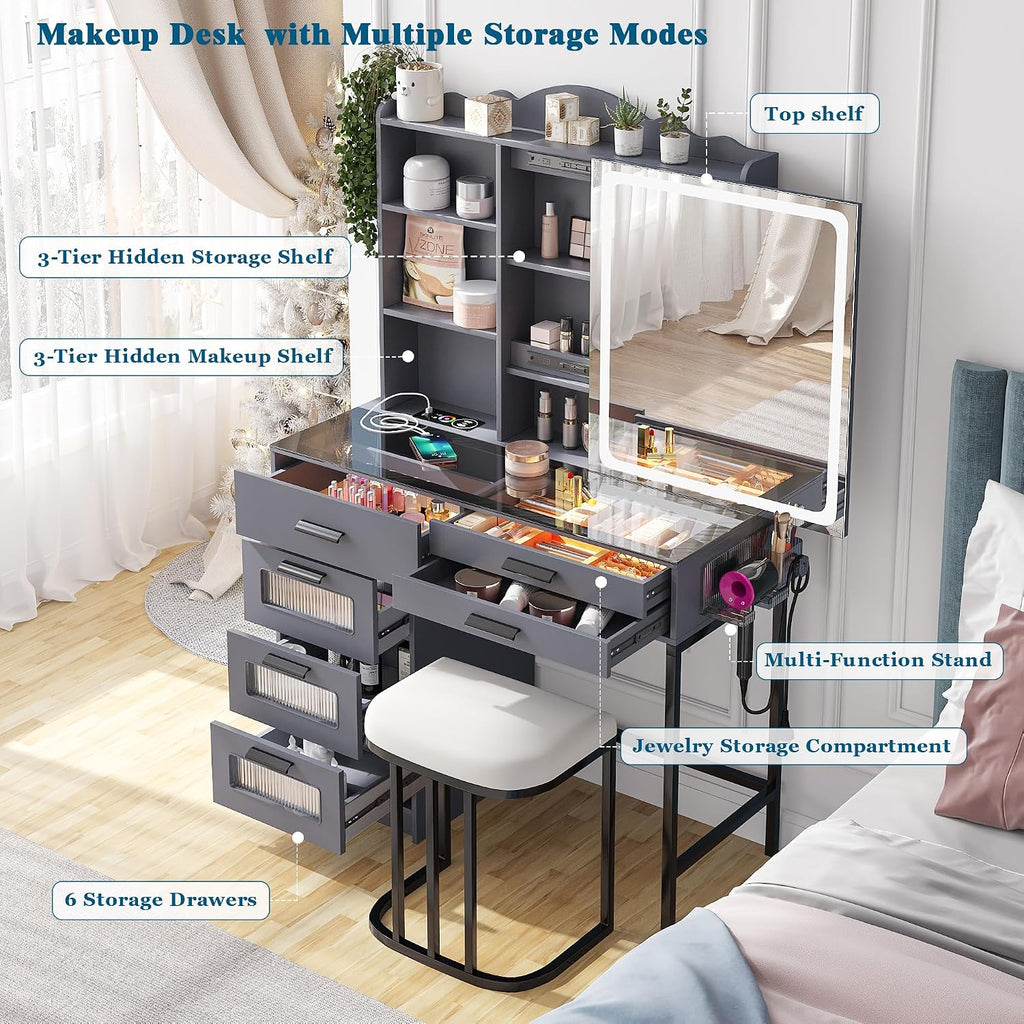 WOOVIVS Glass Top Vanity with LED Mirror, 6 Drawer Dresser with Charging Station for Bedroom, Small Makeup Vanitys Table with RGB Light, Vanity Set with Chair,Jewelry Organizer for Girls-Grey
