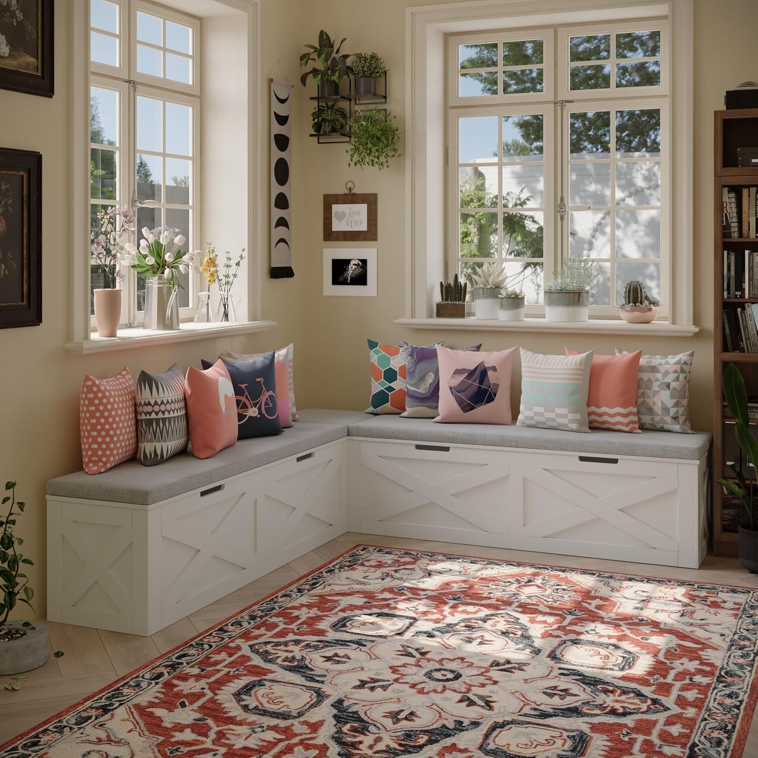 Breakfast Nook Bench,L-Shaped Corner Stool with Cushion,Dining Bench with Storage Suitable for Dining Room, Cafes, Living Room,Handle-Less White