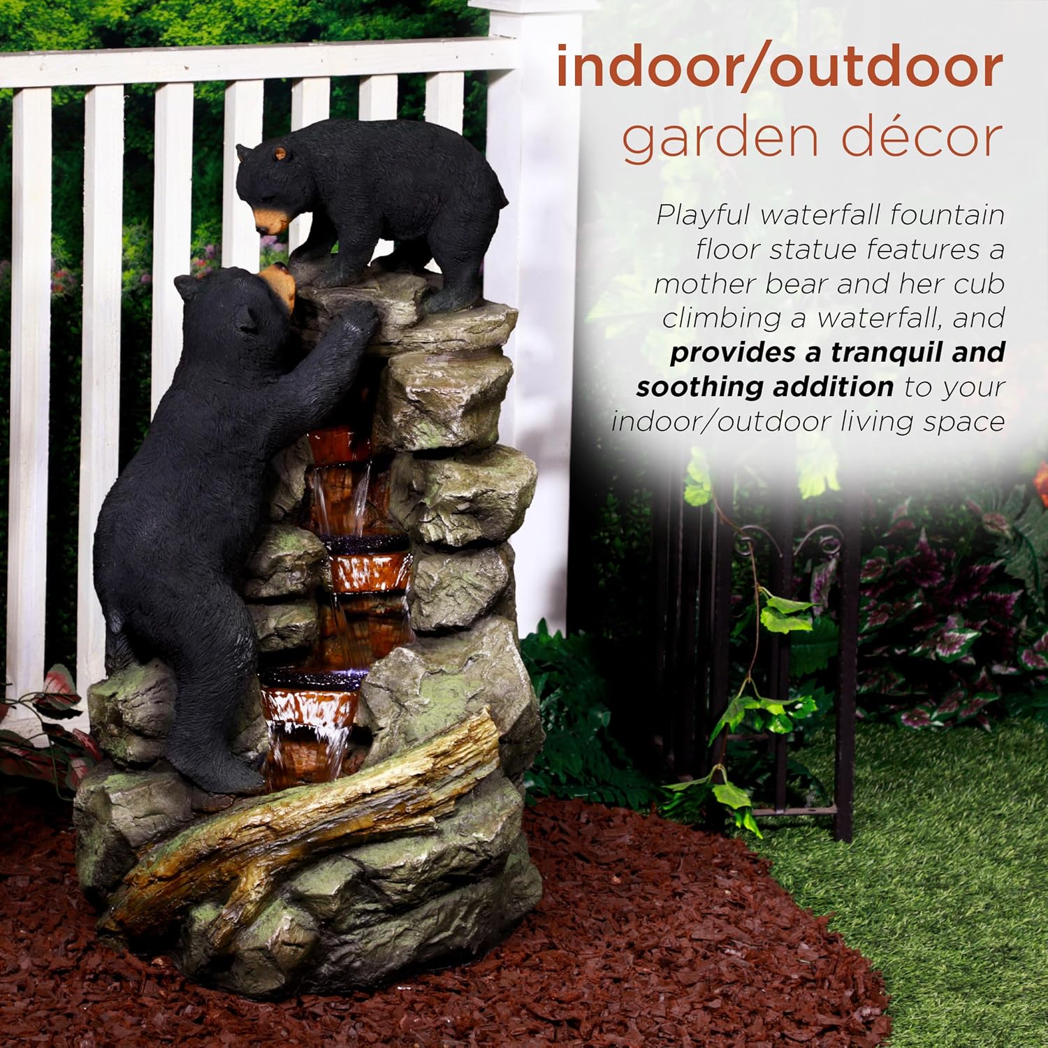 Alpine Corporation 36' Tall Indoor/Outdoor 2 Bears Climbing Rainforest Water Fountain with LED Lights, Cascading Wildlife Water Feature for Garden, Patio, and Home Decor, Brown