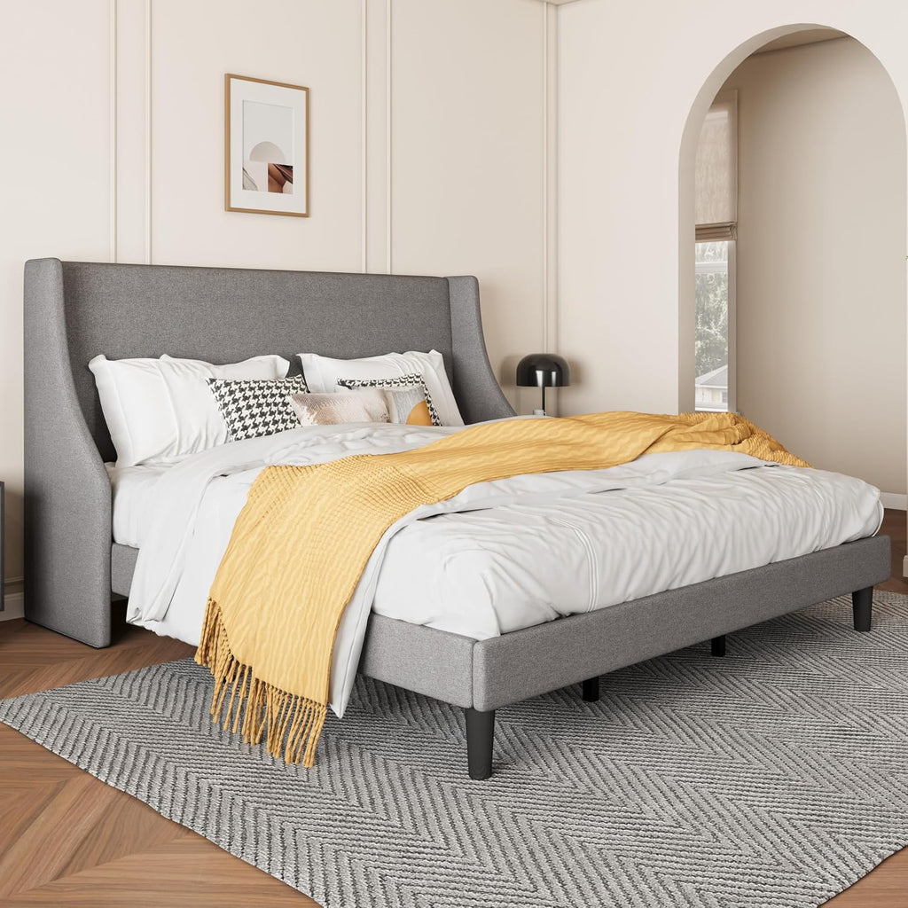 SHA CERLIN Upholstered Bed Frame King Size with Streamlined Wingback Headboard, Breathable Linen Fabric, Solid Wooden Slats, Easy Assembly, Light Grey