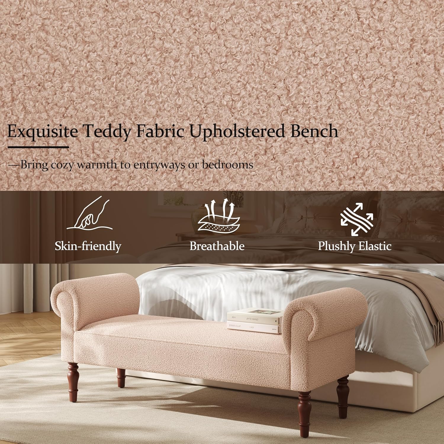 Merax 59' Upholstered Teddy Bench with Rolled Arms, End of Bed Bench with Cushion & Solid Wood Legs for Bedroom, Living Room, Entryway, Light Khaki