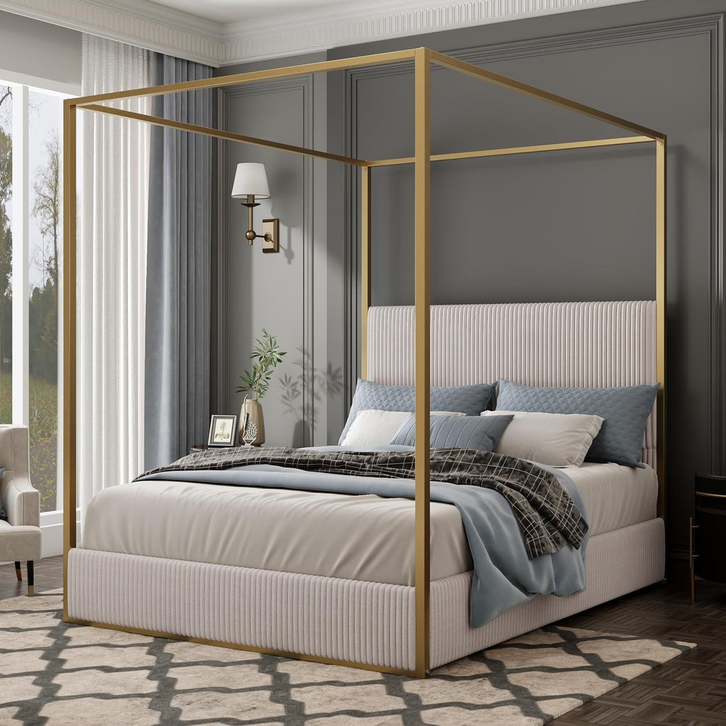 LUMISOL King Size Upholstered Canopy Bed Frame, 4 Poster Metal Canopy Bed with Tall Corduroy Headboard, Modern Canopy Platform Bed Frame, No Box Spring Needed, Gold Beige