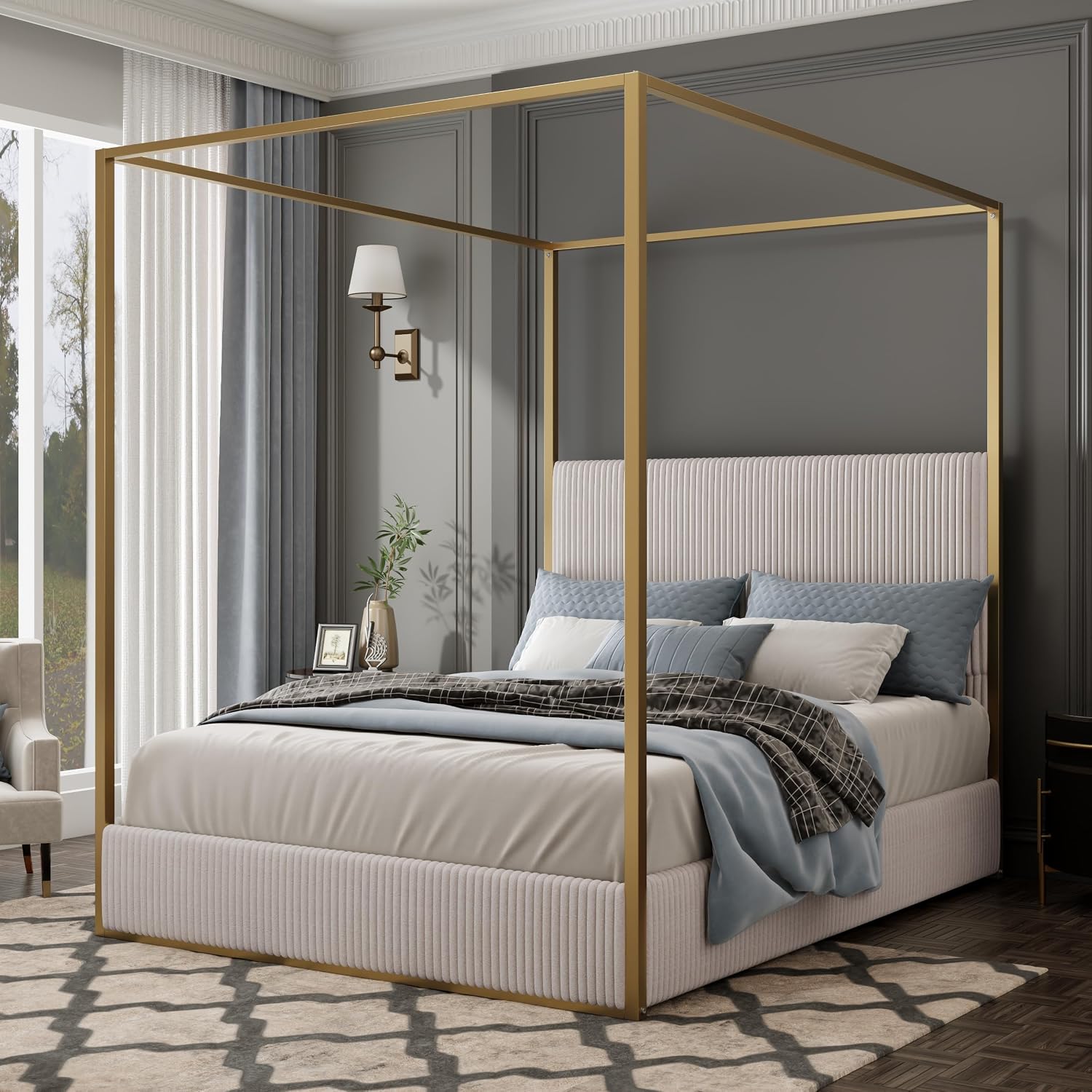 LUMISOL King Size Upholstered Canopy Bed Frame, 4 Poster Metal Canopy Bed with Tall Corduroy Headboard, Modern Canopy Platform Bed Frame, No Box Spring Needed, Gold Beige