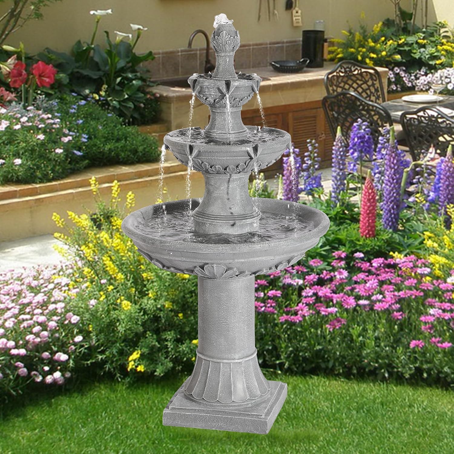 TITIMO 48' High Italian Feature Freestanding Water Fountain Outdoor and Indoor,3-Tier Roman Pillar Waterfalls Fountains for Garden,Patio,Yard,Deck,Backyard,Porch (Gray)
