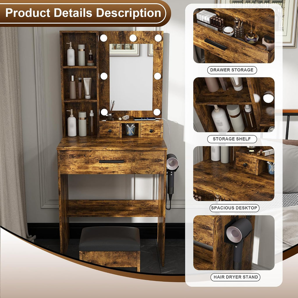 Runboll Small Vanity Desk with Mirror and Lights, Compact Makeup Vanity with Power Strip & Hairdryer Holder, Dressing Table Set with Stool, Drawers & Shelves