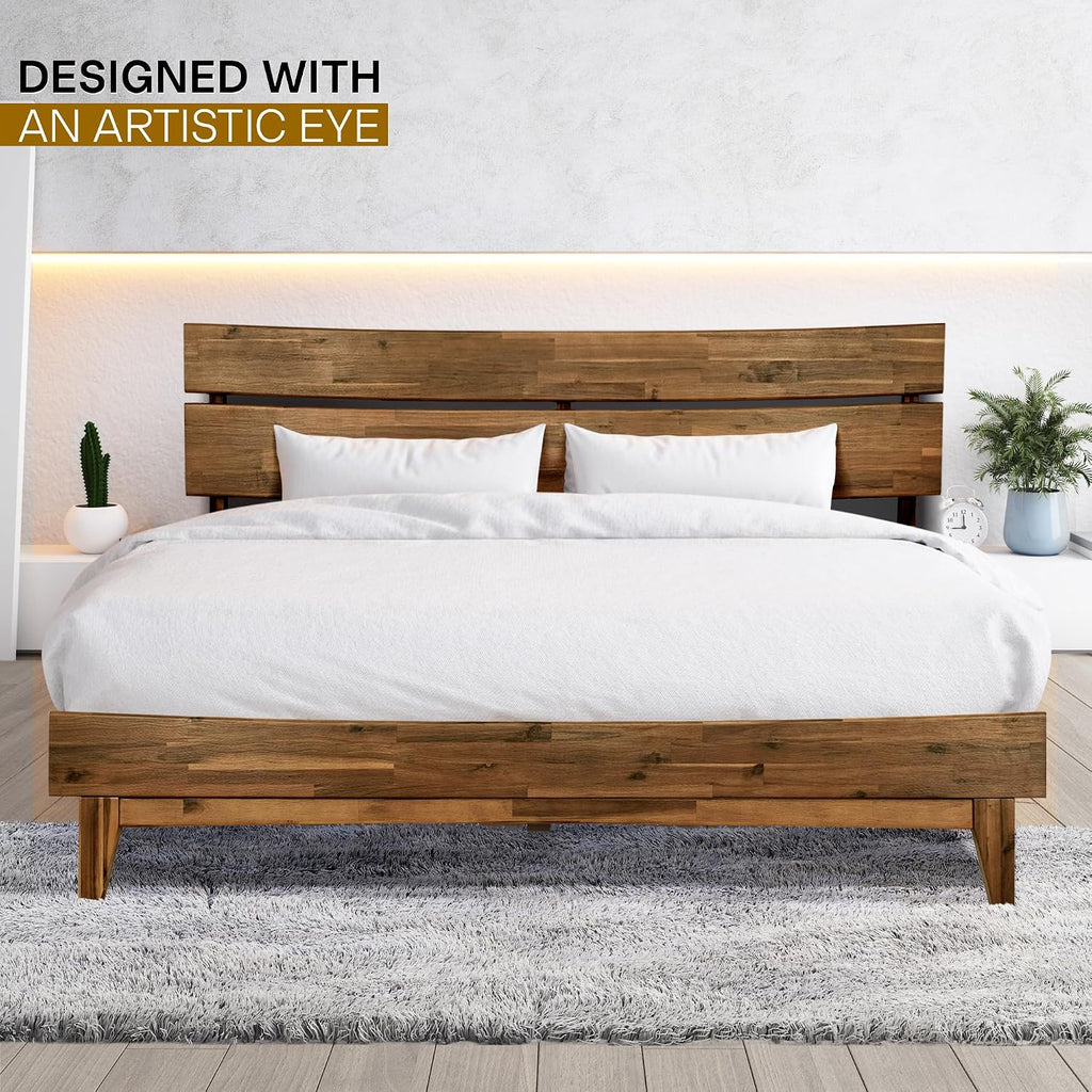 Acacia Aurora Solid Wood Platform Bed with Headboard, Wood Bed Frame Queen Size, Easy Assembly, No Box Spring Needed, 800 lbs Capacity Compatible with All Mattress Types, Wood Slats Support, Walnut