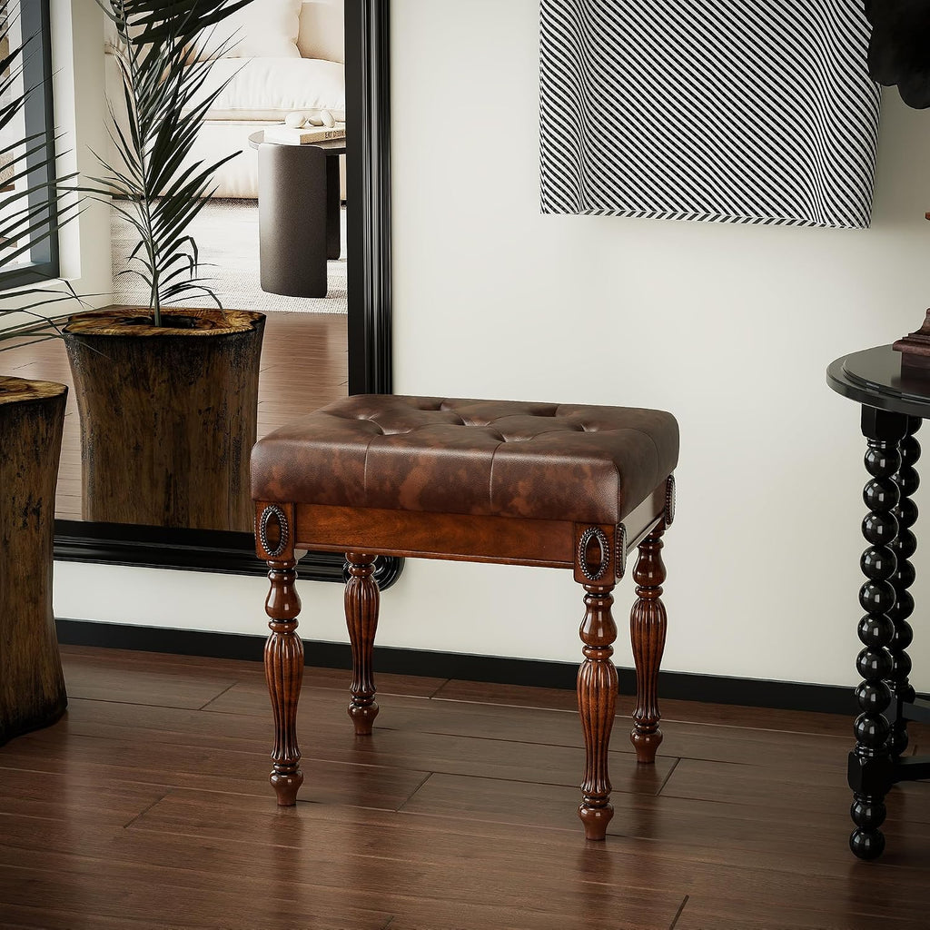 LEEMTORIG Traditional Shoe Bench with Button Tufted Pad & Wood Legs, Upholstered Entryway Bench for Bedroom Living Room Hallway, 18.5' x 14.2' x 18.9', Walnut & Cherry Brown FD-1533-BN